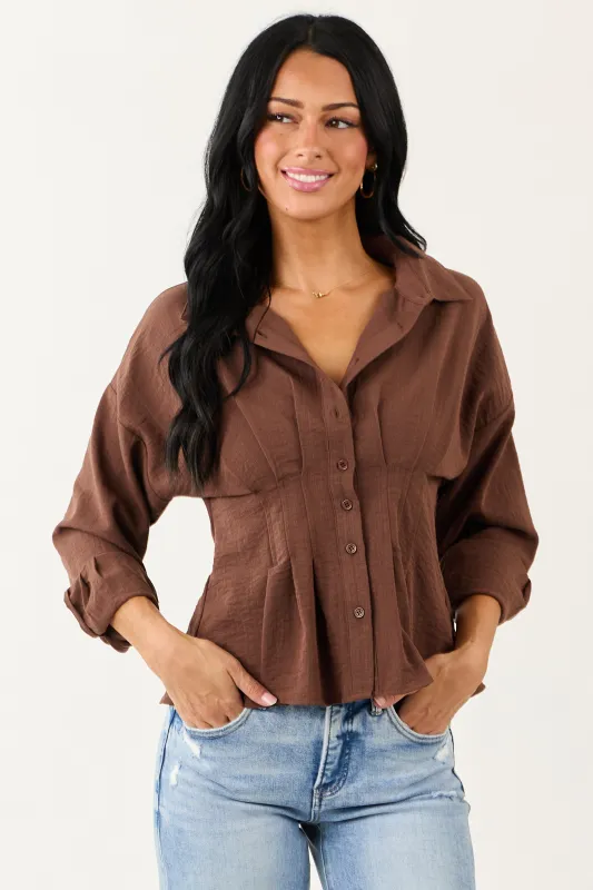 Entro Cocoa Button Down Long Sleeve Pleated Top sold by Lime Lush