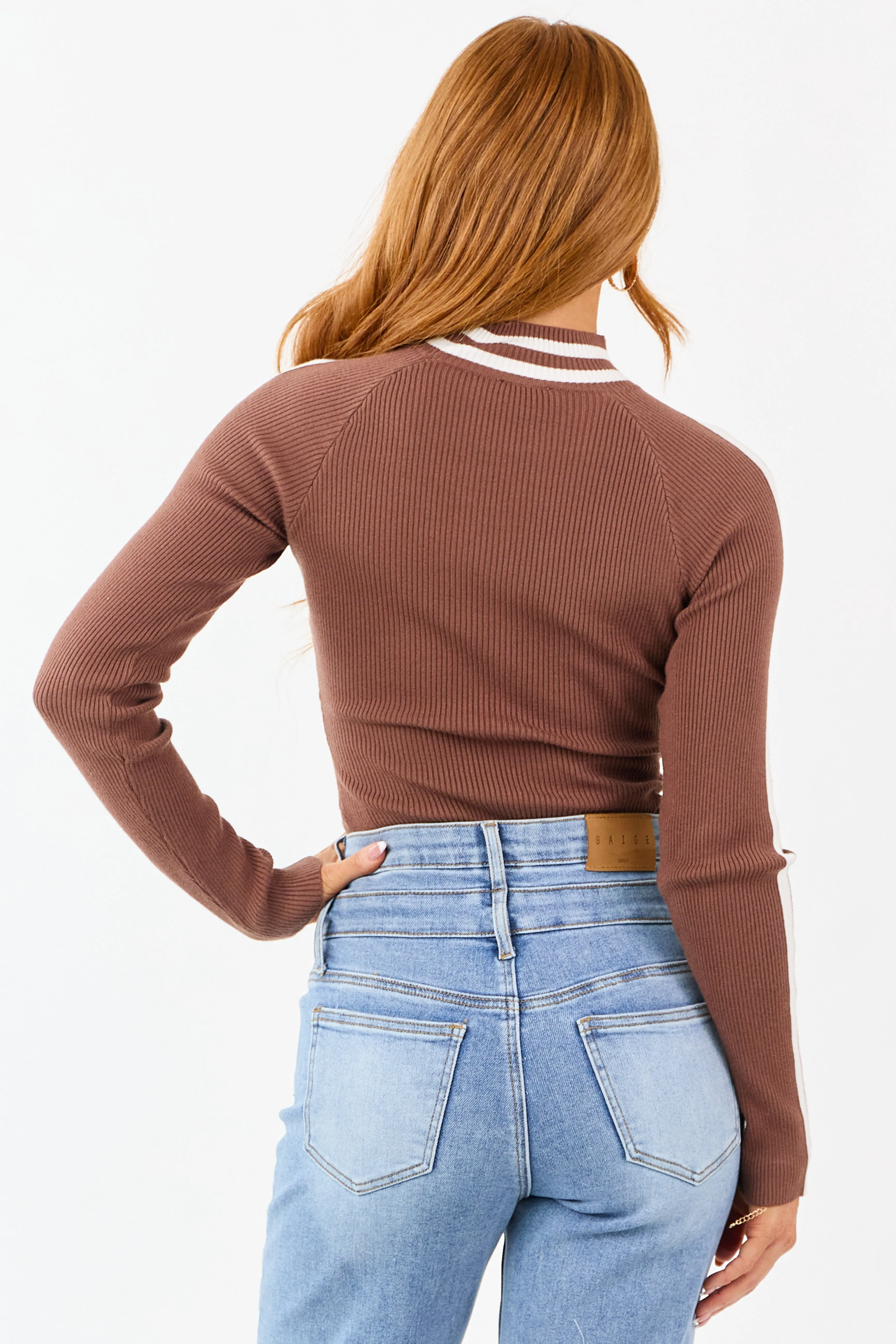Cocoa Mock Neck Ribbed Knit Long Sleeve Bodysuit sold by Lime Lush product image thumbnail 5