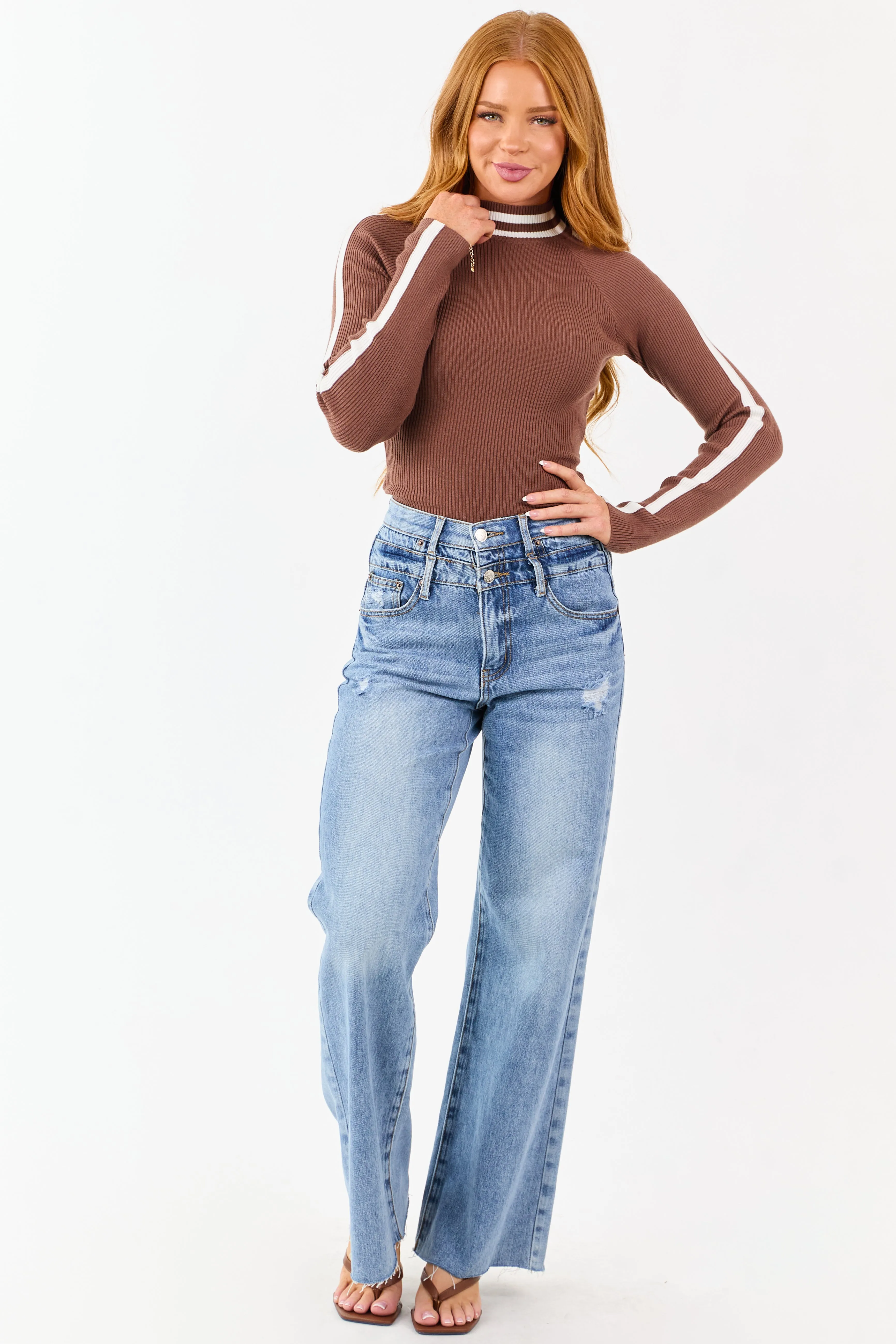 Cocoa Mock Neck Ribbed Knit Long Sleeve Bodysuit sold by Lime Lush product image thumbnail 2