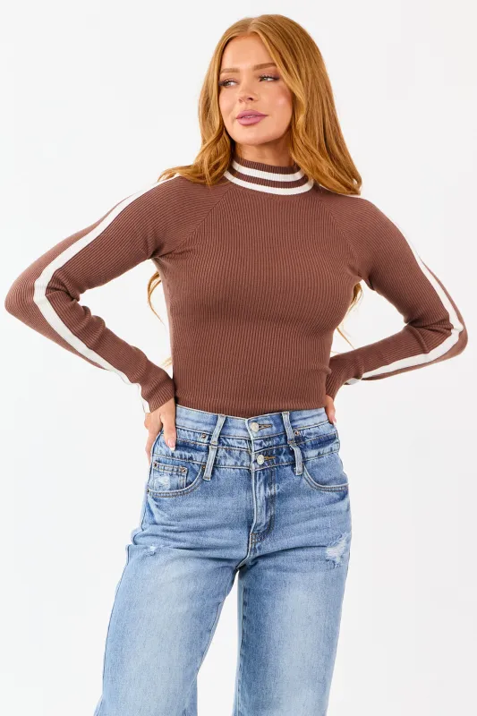 Cocoa Mock Neck Ribbed Knit Long Sleeve Bodysuit sold by Lime Lush