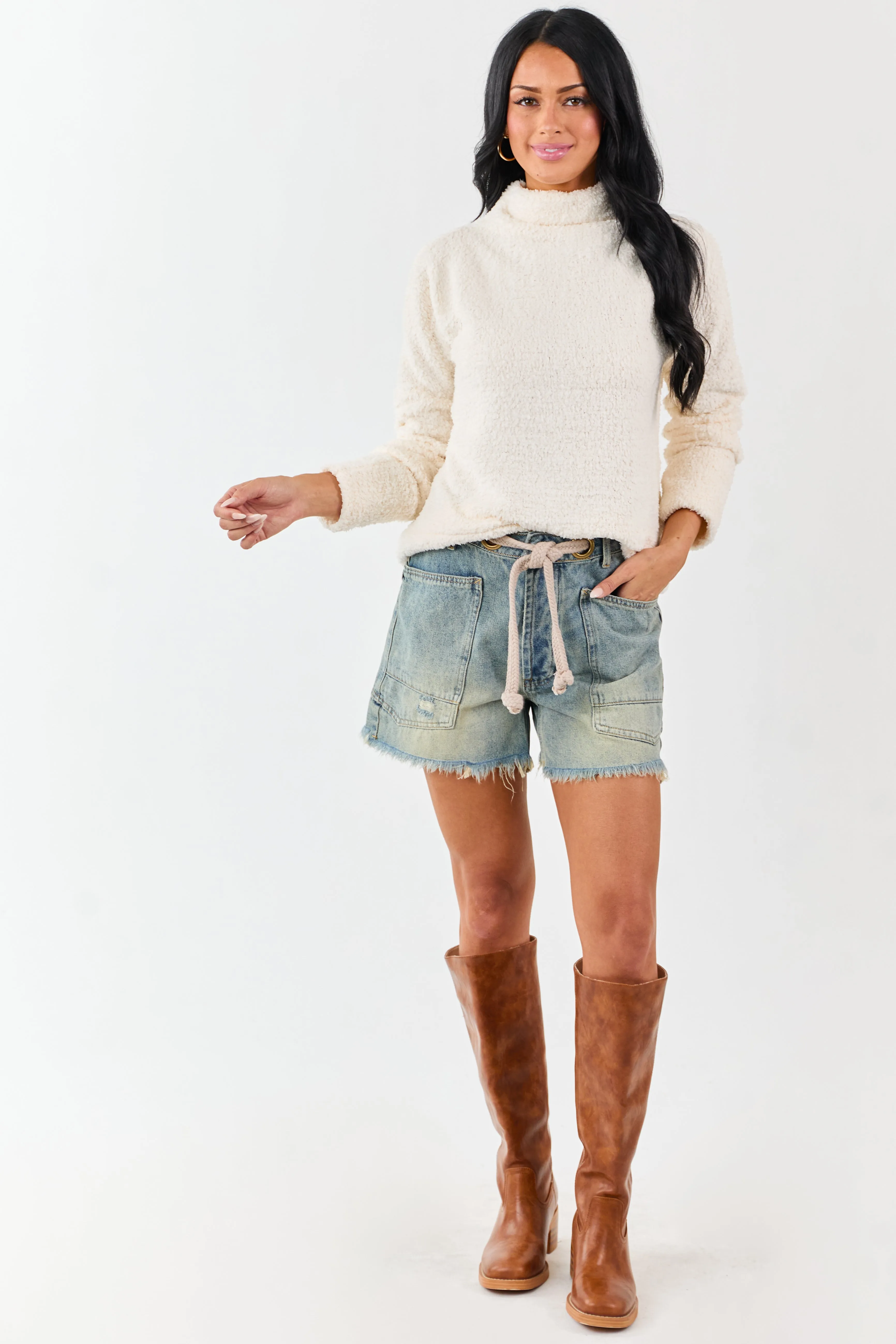 Champagne Fuzzy Soft Knit Mock Neck Sweater sold by Lime Lush product image thumbnail 2