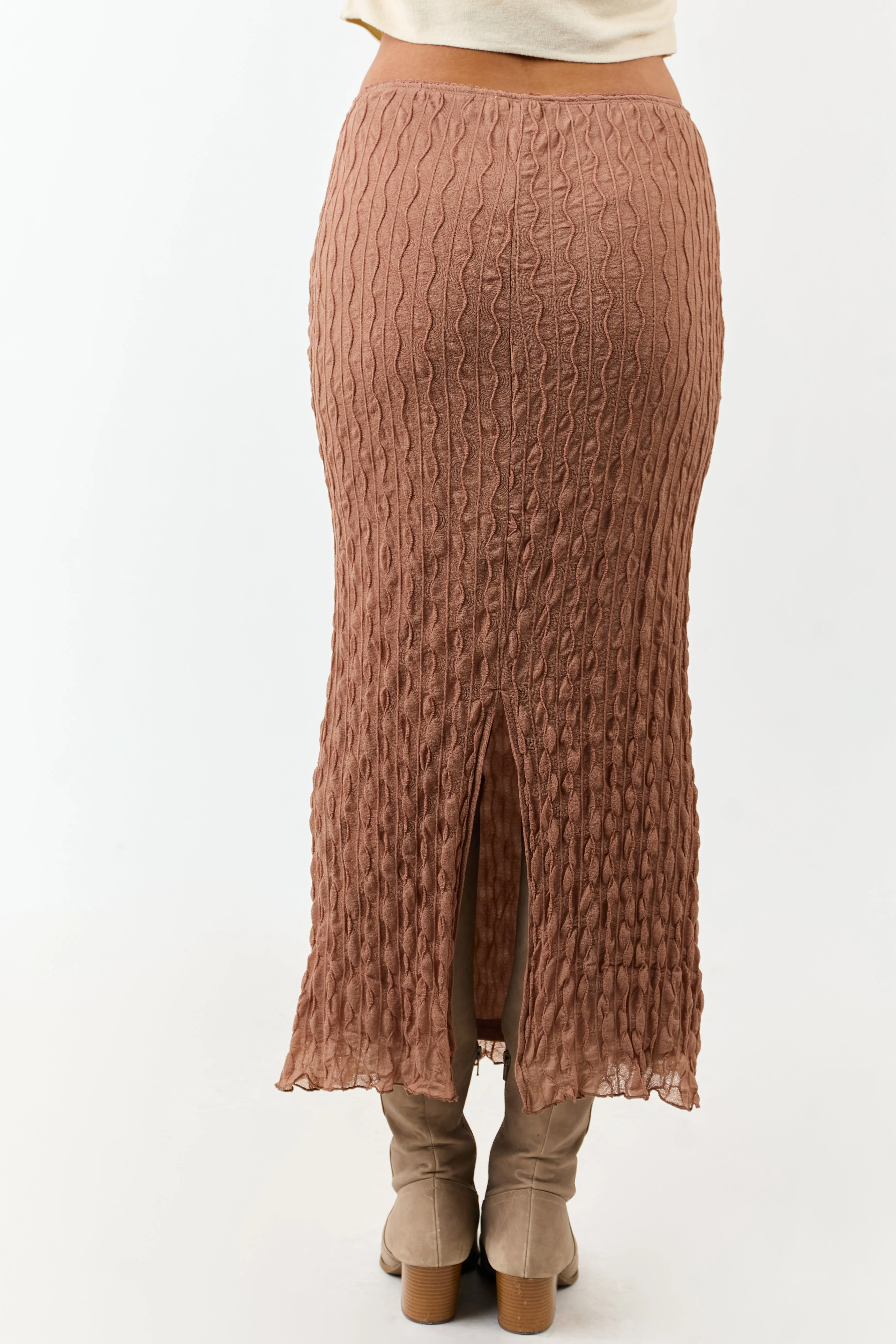 Coffee Wavy Textured Mesh Back Slit Maxi Skirt sold by Lime Lush product image thumbnail 4