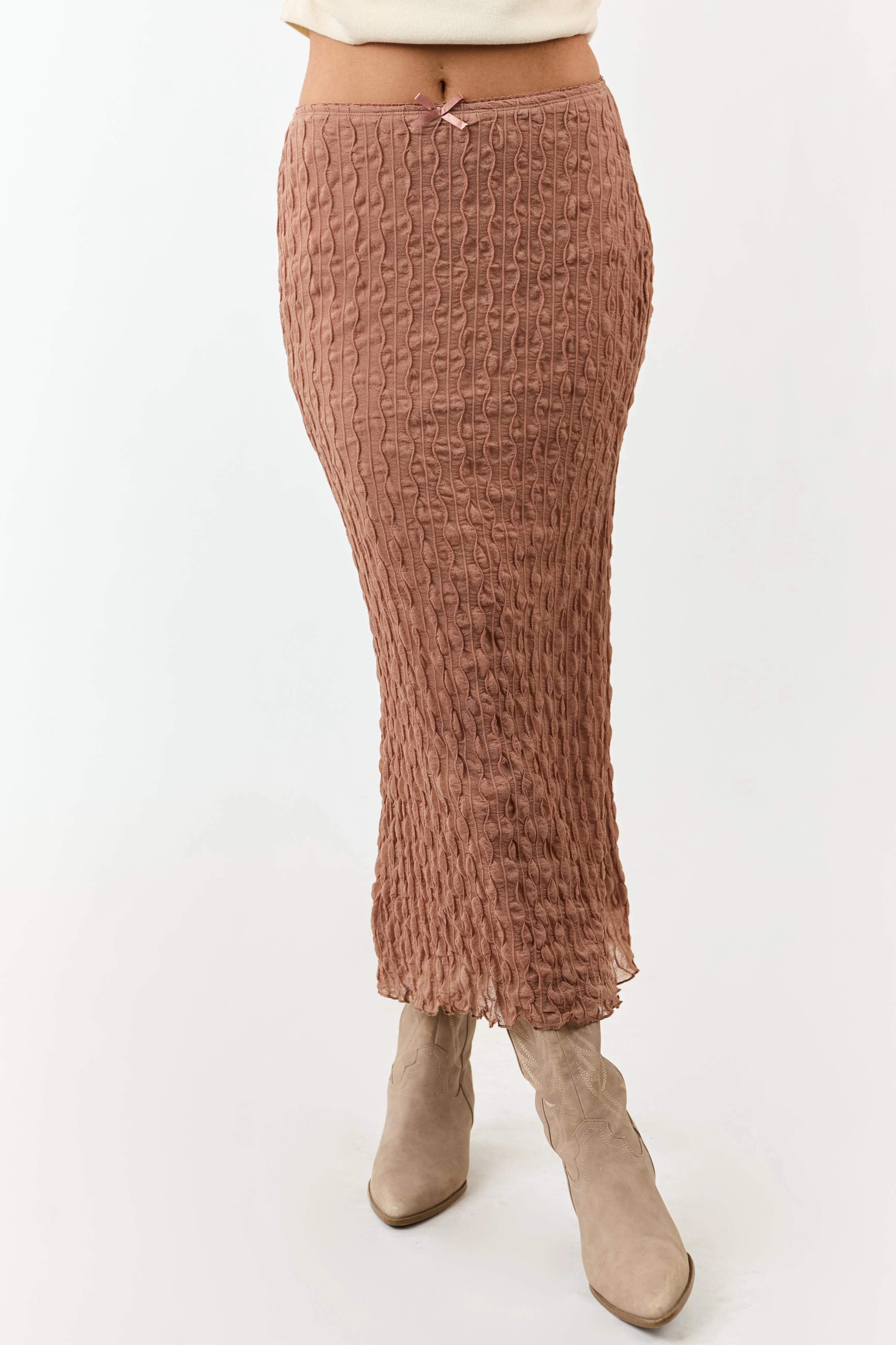 Coffee Wavy Textured Mesh Back Slit Maxi Skirt sold by Lime Lush product image thumbnail 2