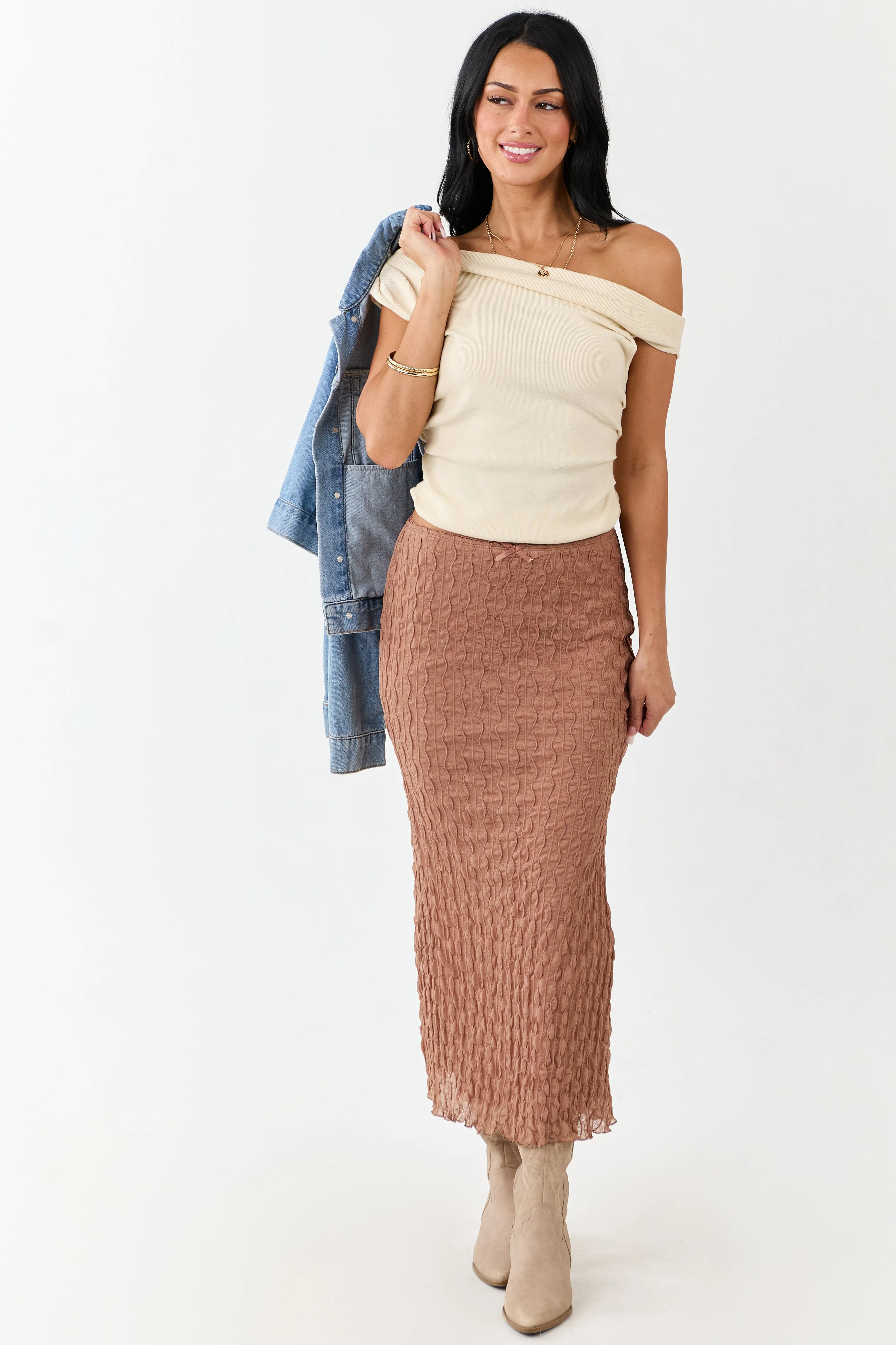 Coffee Wavy Textured Mesh Back Slit Maxi Skirt sold by Lime Lush product image thumbnail 5