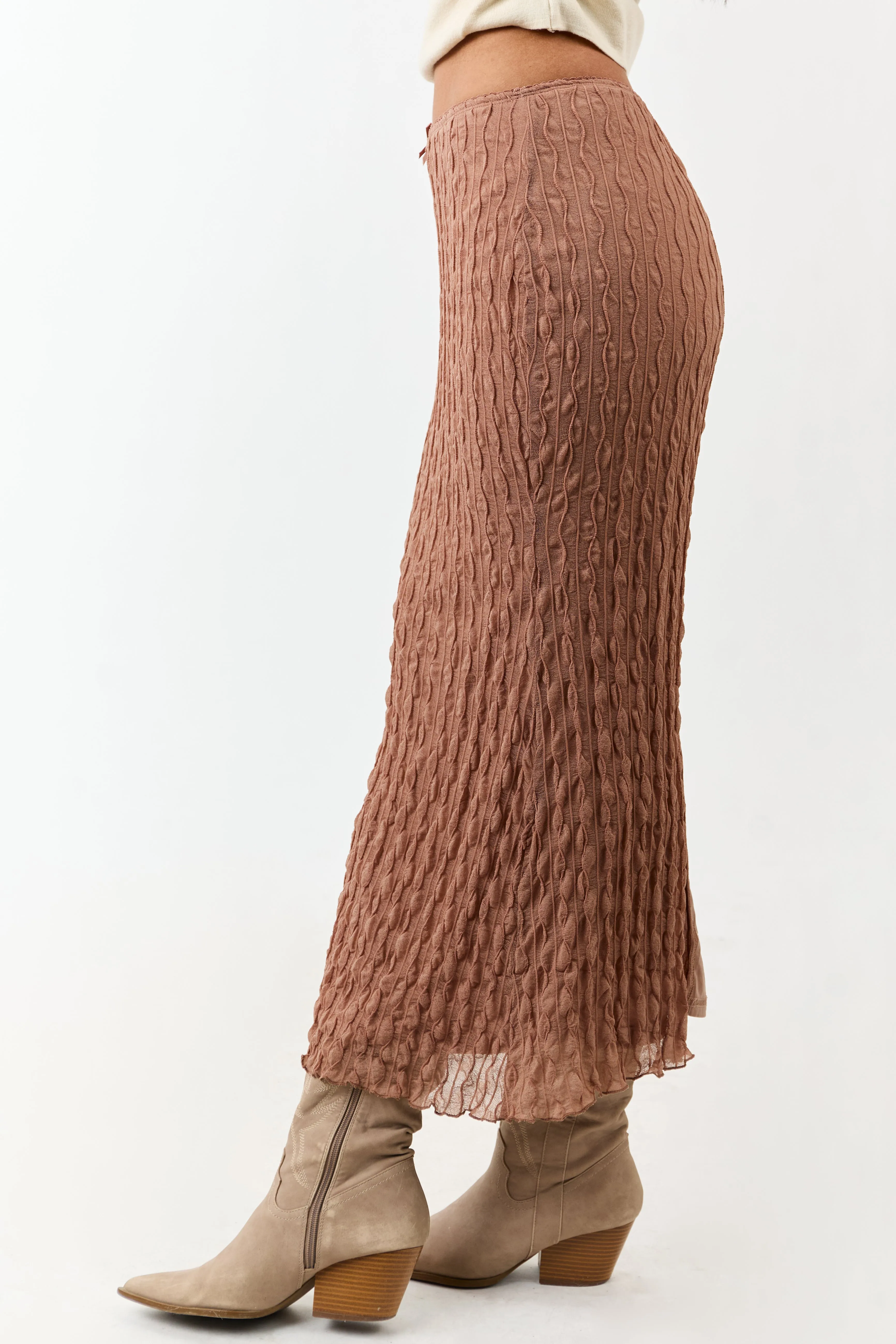 Coffee Wavy Textured Mesh Back Slit Maxi Skirt sold by Lime Lush product image thumbnail 3
