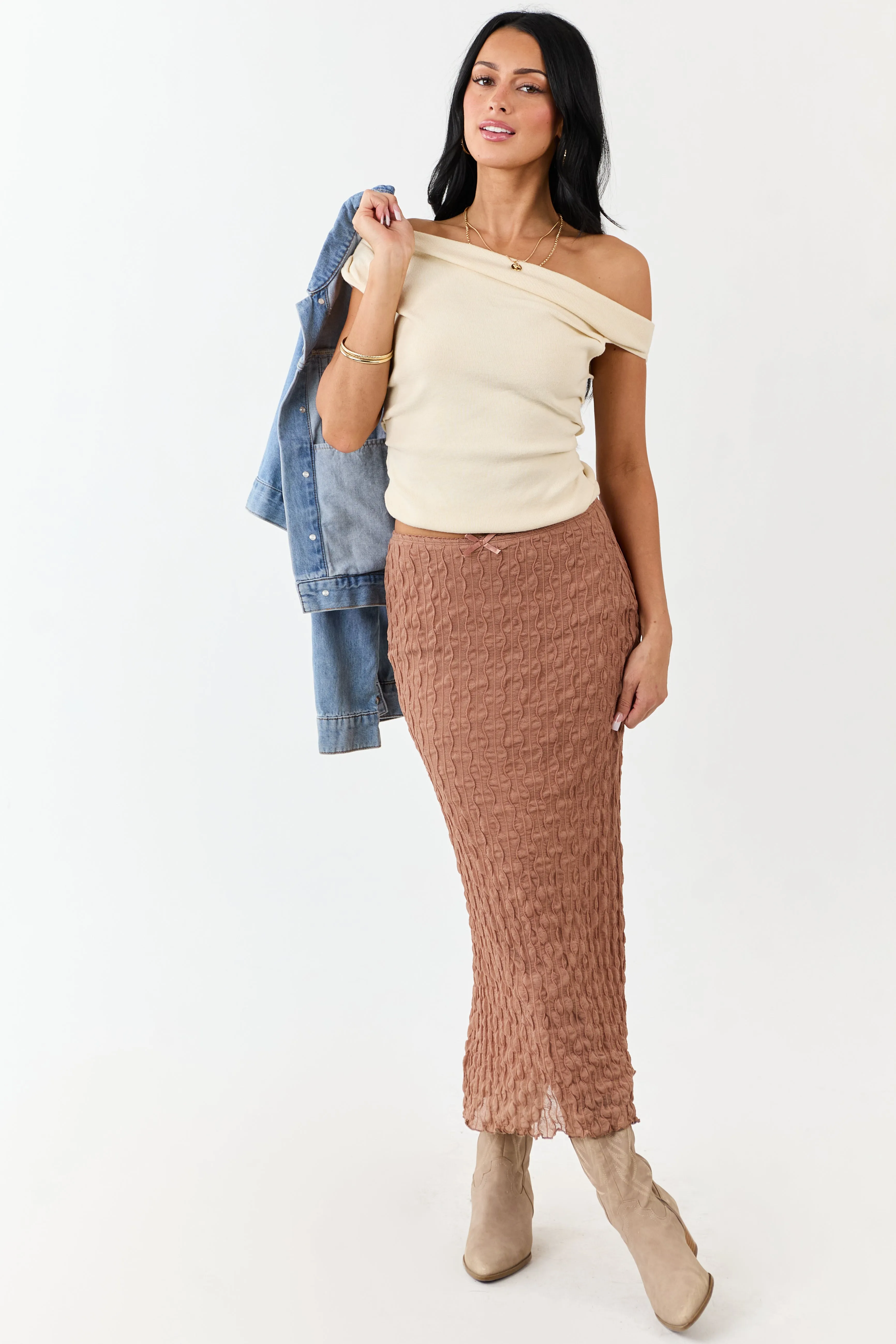 Coffee Wavy Textured Mesh Back Slit Maxi Skirt sold by Lime Lush