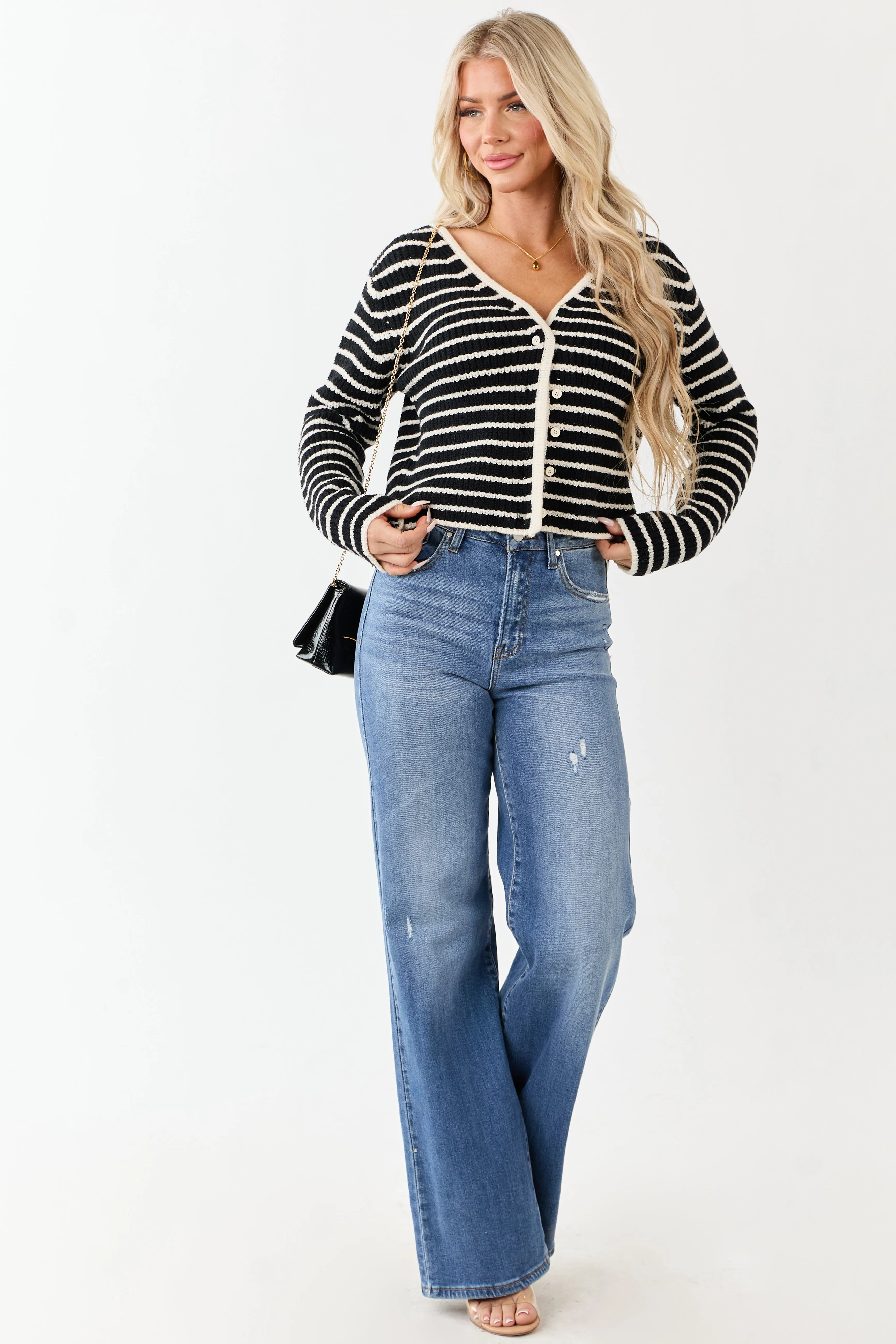 Black and Ivory Striped Button Down Knit Cardigan sold by Lime Lush product image thumbnail 2