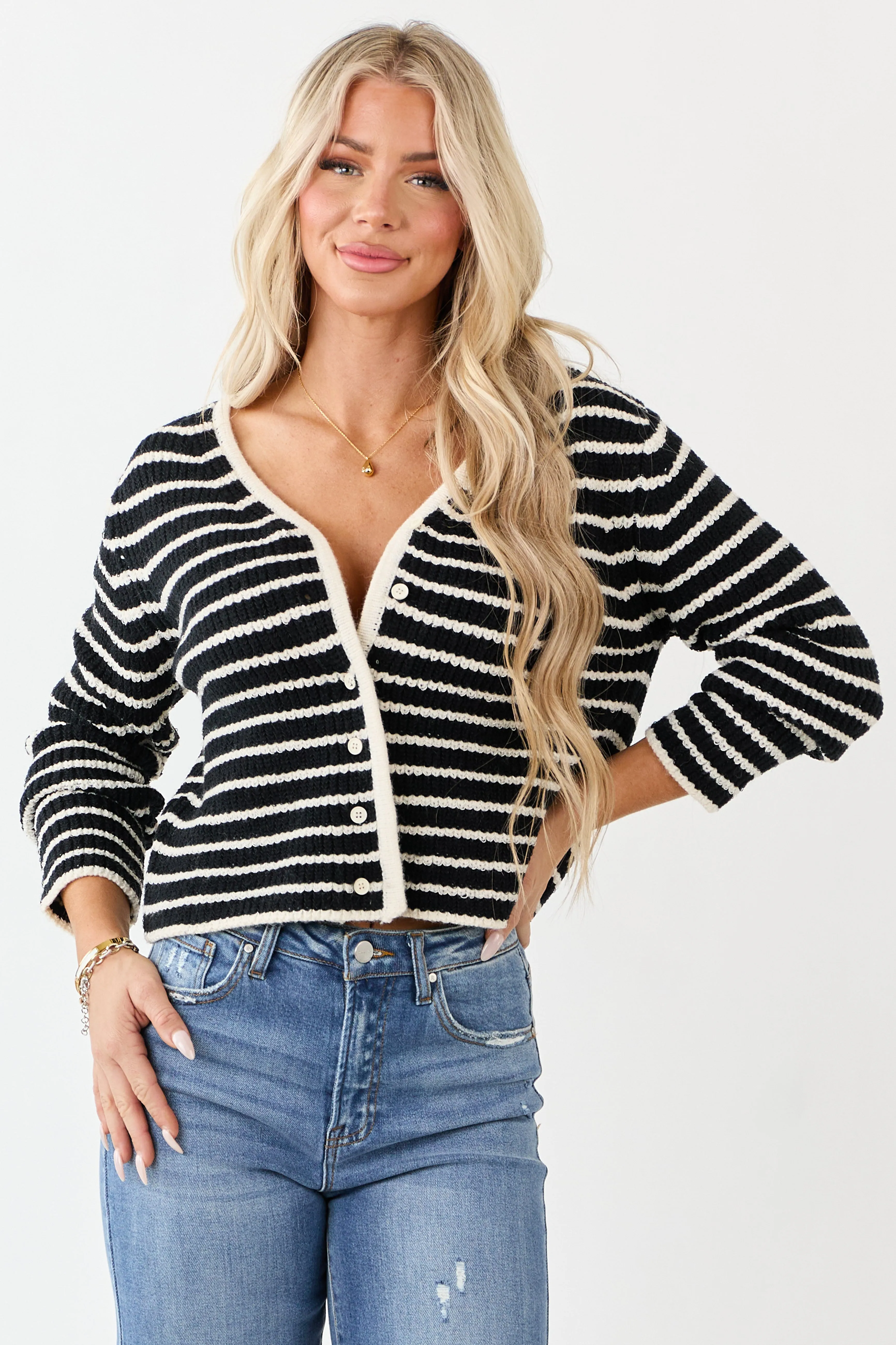 Black and Ivory Striped Button Down Knit Cardigan sold by Lime Lush