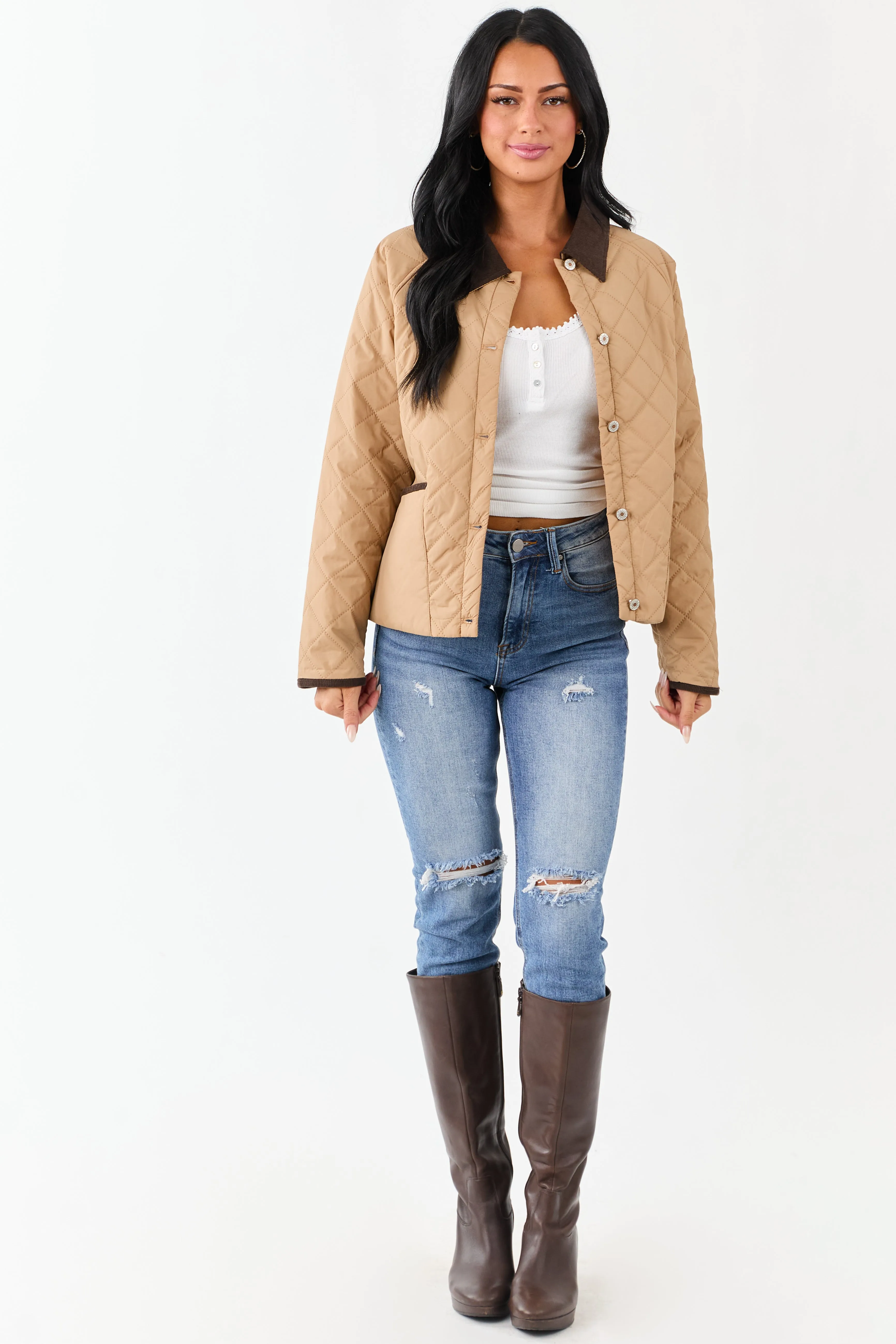 Entro Latte Quilted Corduroy Contrast Buttoned Jacket sold by Lime Lush product image thumbnail 3