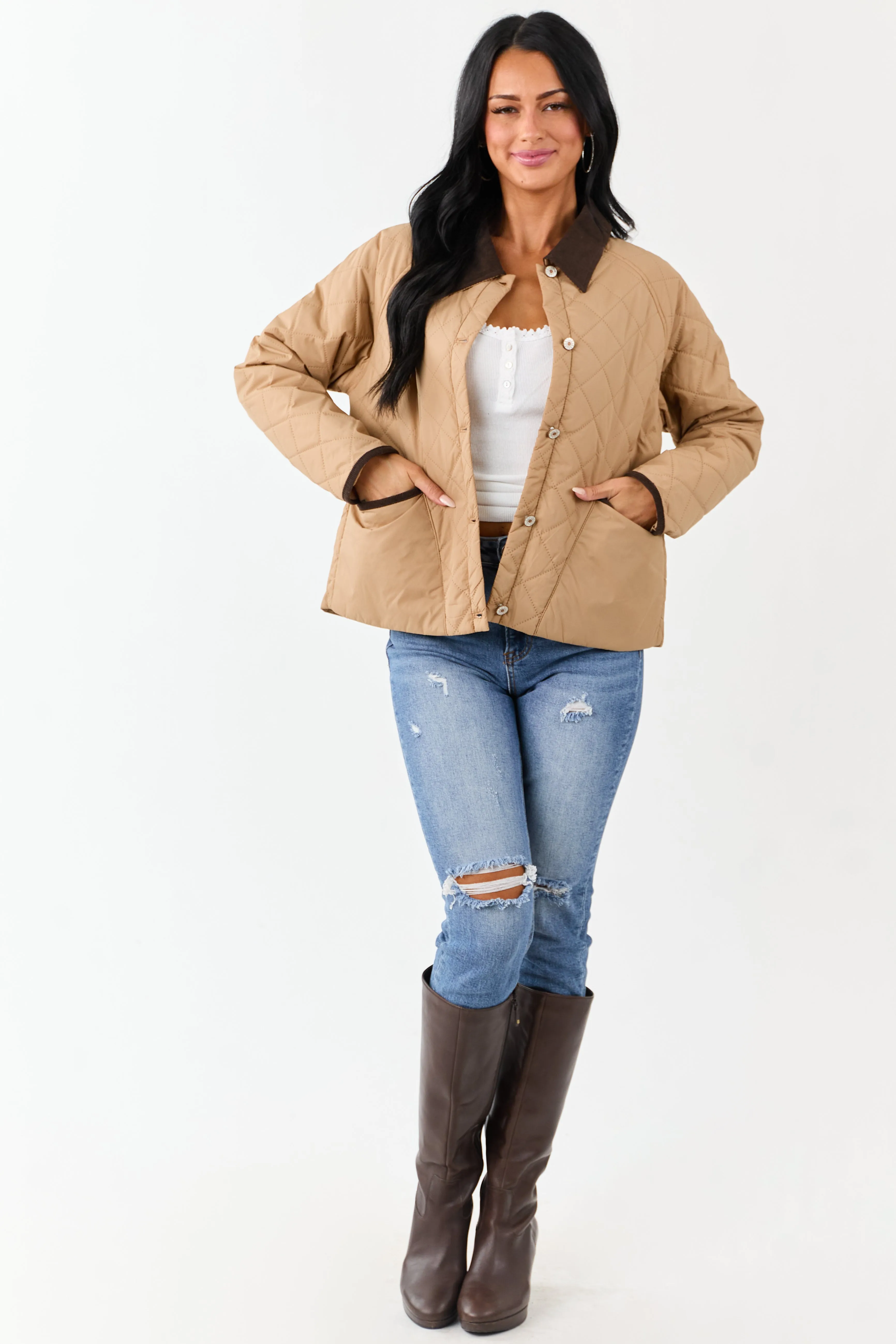 Entro Latte Quilted Corduroy Contrast Buttoned Jacket sold by Lime Lush product image thumbnail 2
