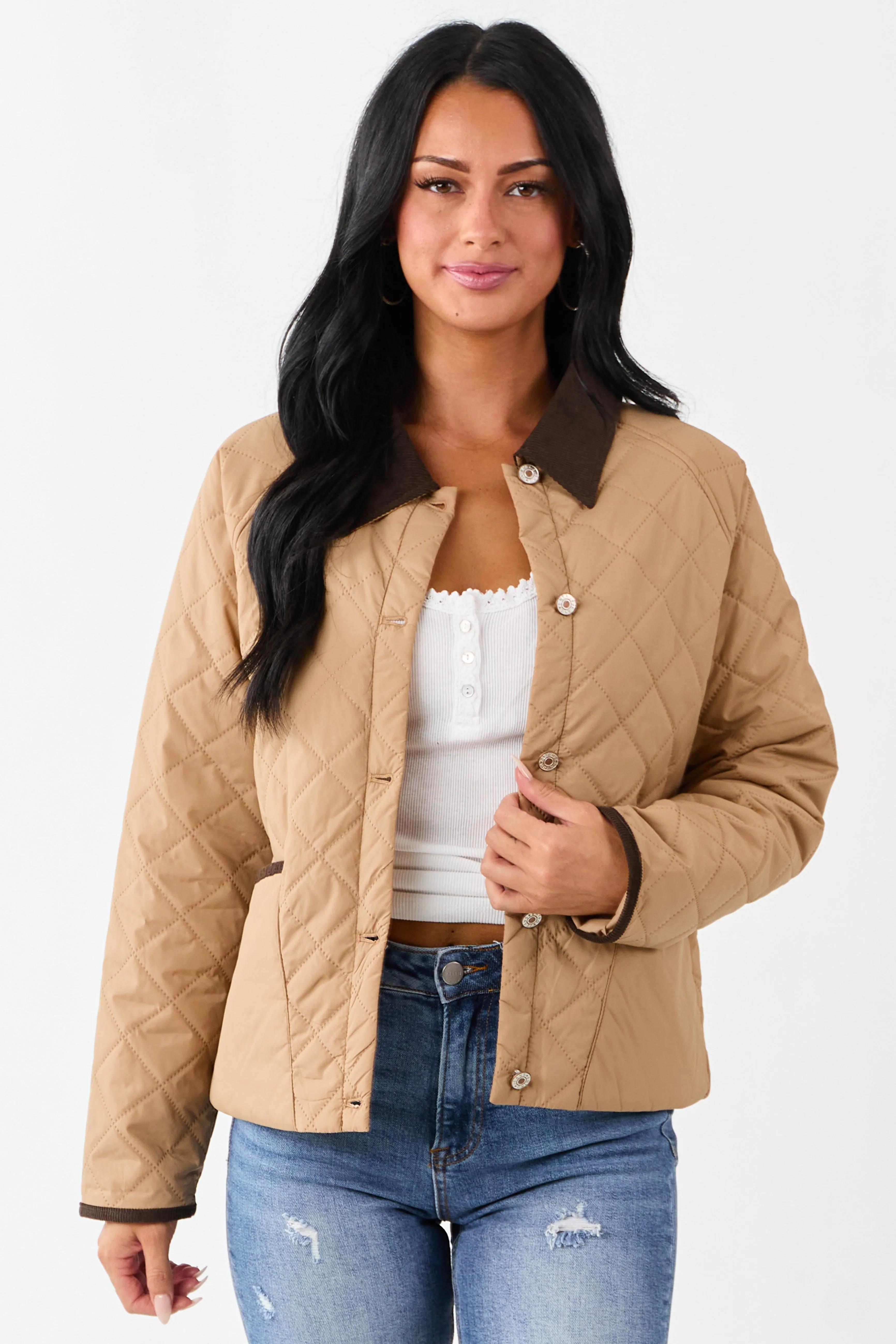 Entro Latte Quilted Corduroy Contrast Buttoned Jacket sold by Lime Lush