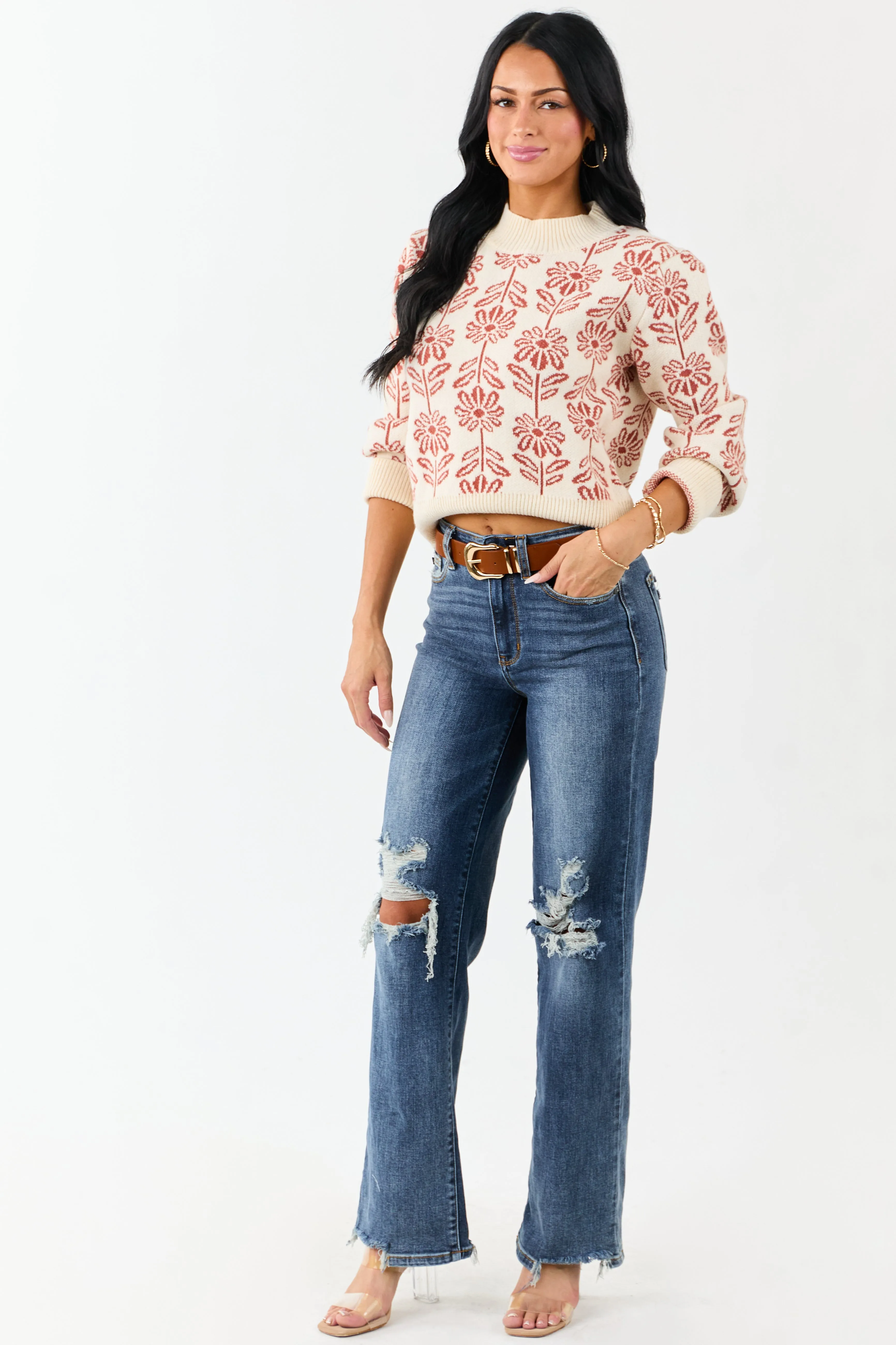 Cream and Tawny Floral Mock Neck Knit Sweater sold by Lime Lush product image thumbnail 4