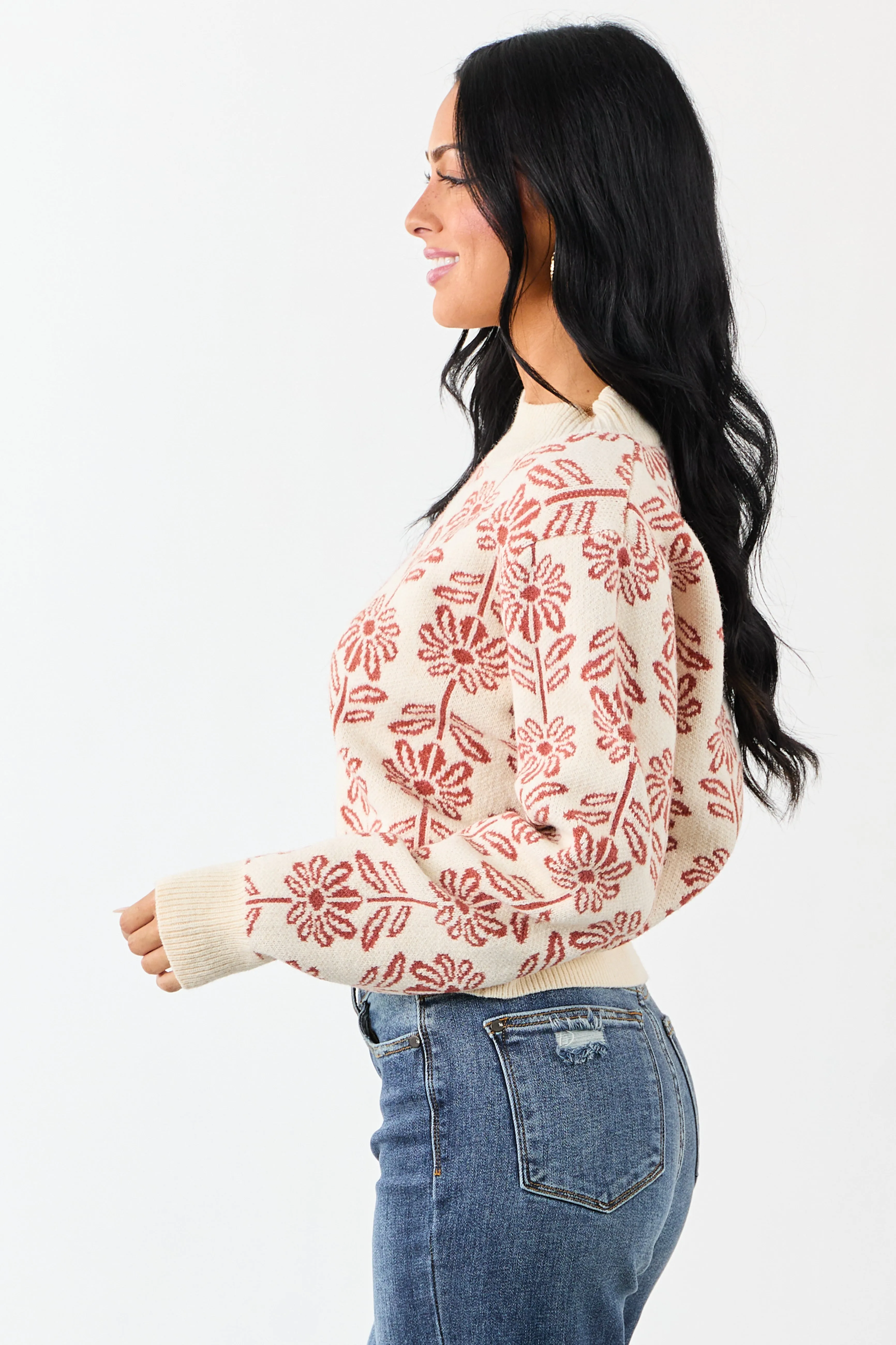 Cream and Tawny Floral Mock Neck Knit Sweater sold by Lime Lush product image thumbnail 5