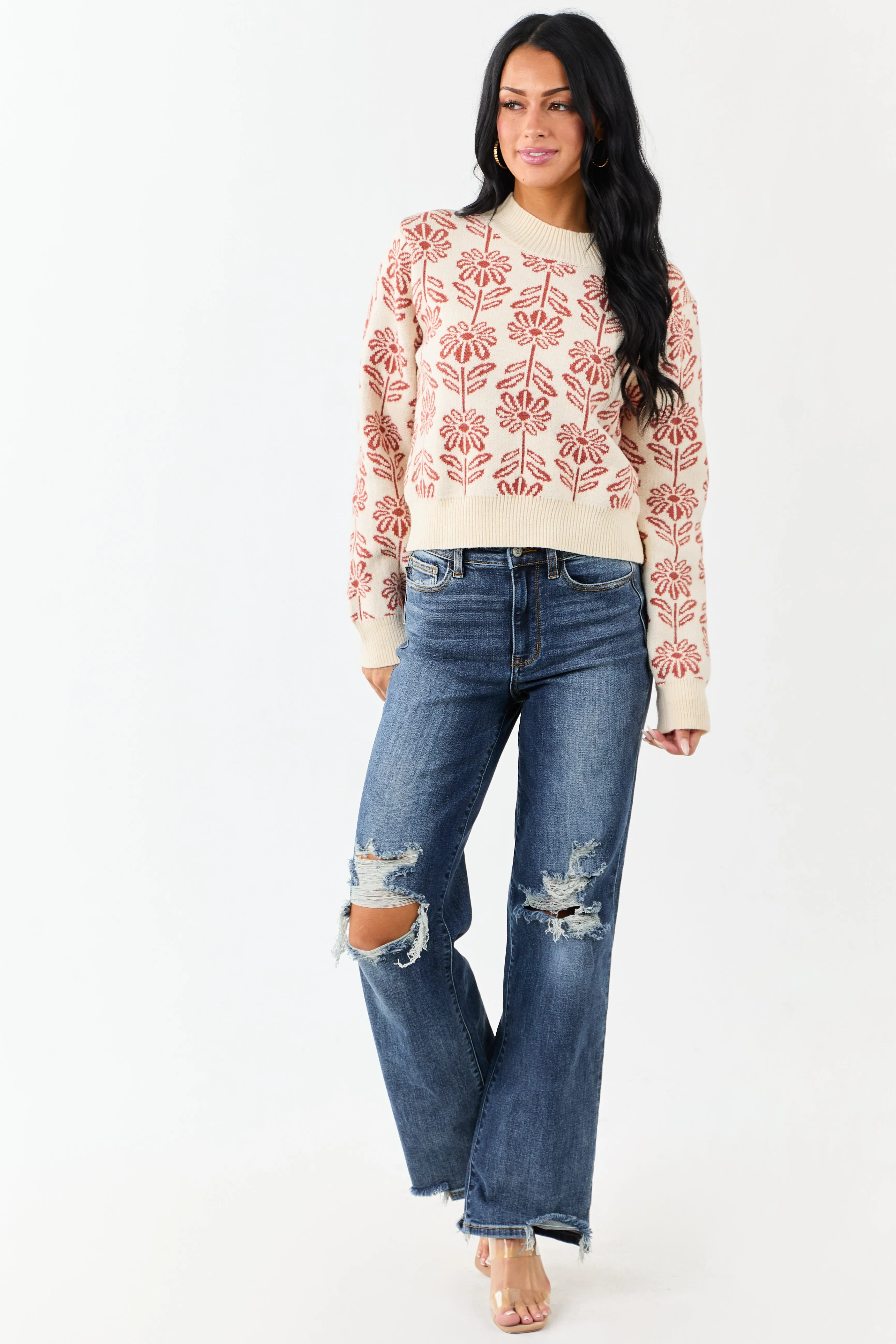 Cream and Tawny Floral Mock Neck Knit Sweater sold by Lime Lush product image thumbnail 2
