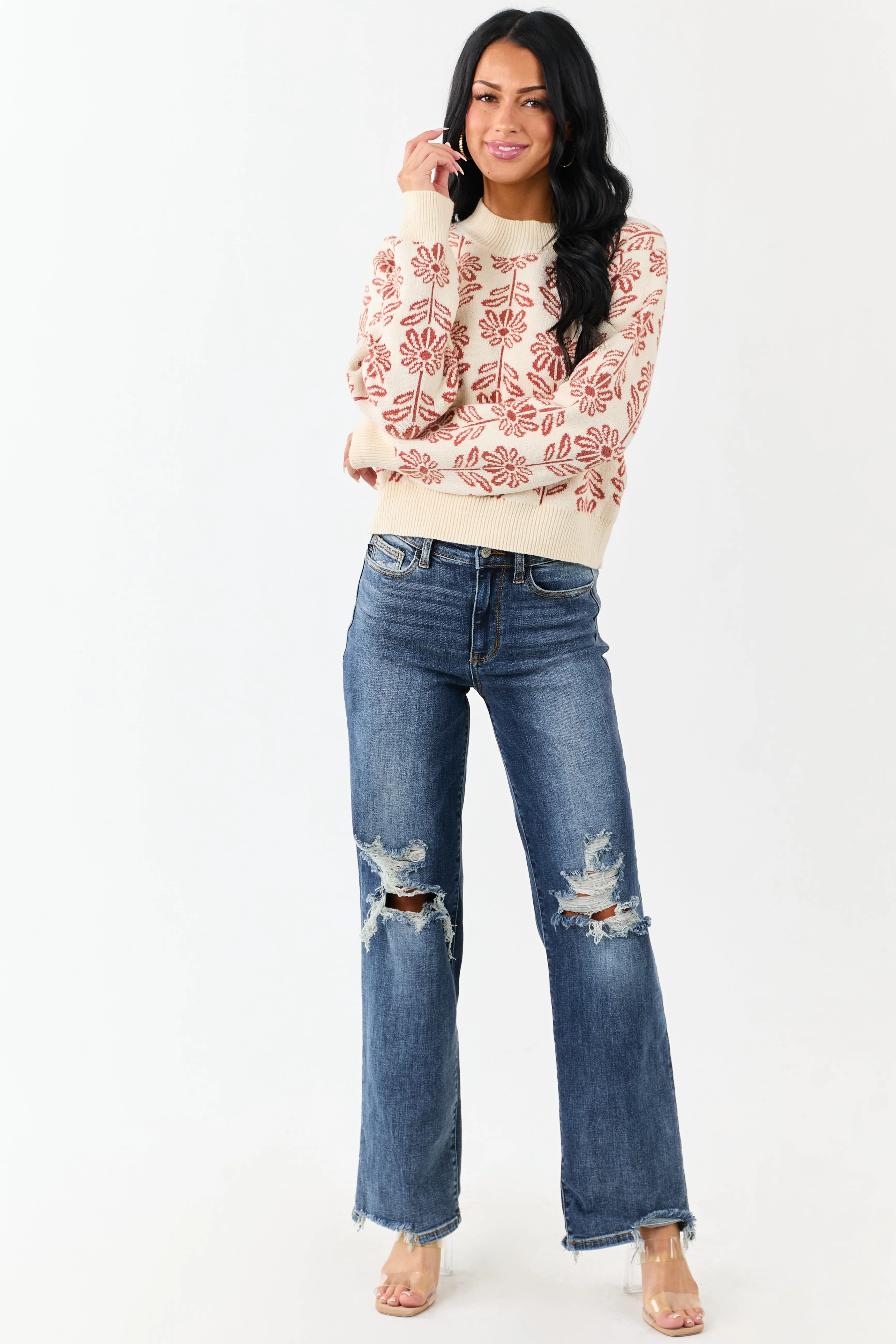 Cream and Tawny Floral Mock Neck Knit Sweater sold by Lime Lush product image thumbnail 3