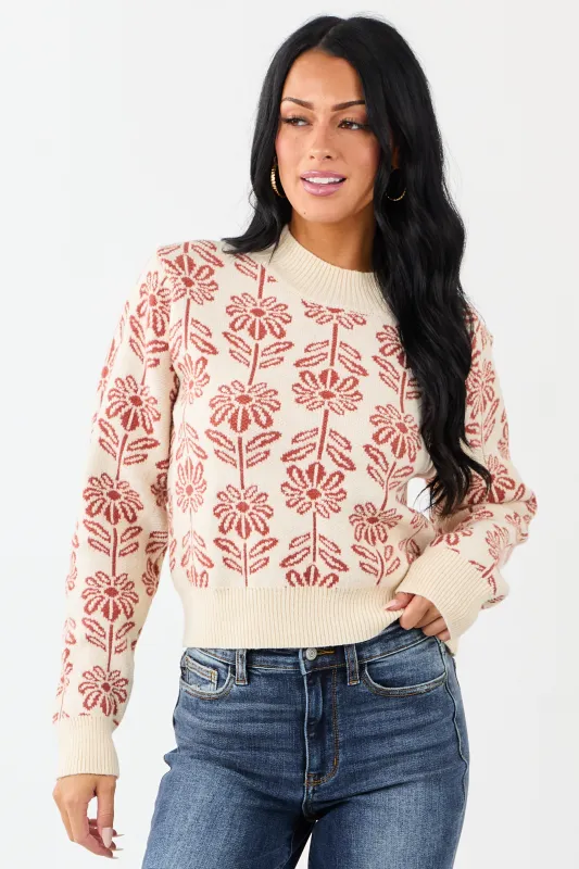 Cream and Tawny Floral Mock Neck Knit Sweater made by Lime Lush