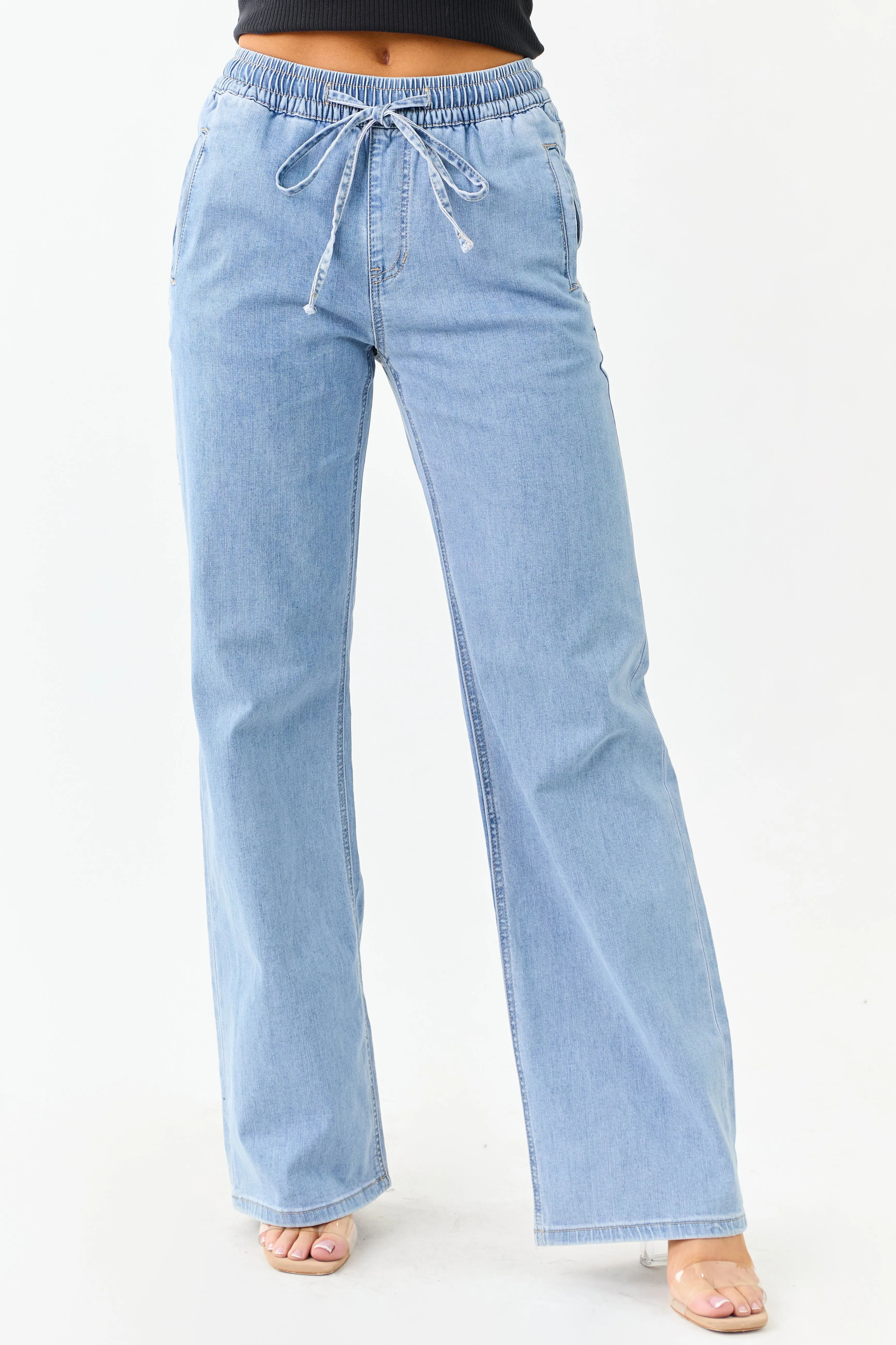 Mica Denim Light Stretchy Smocked Waist Wide Jeans sold by Lime Lush