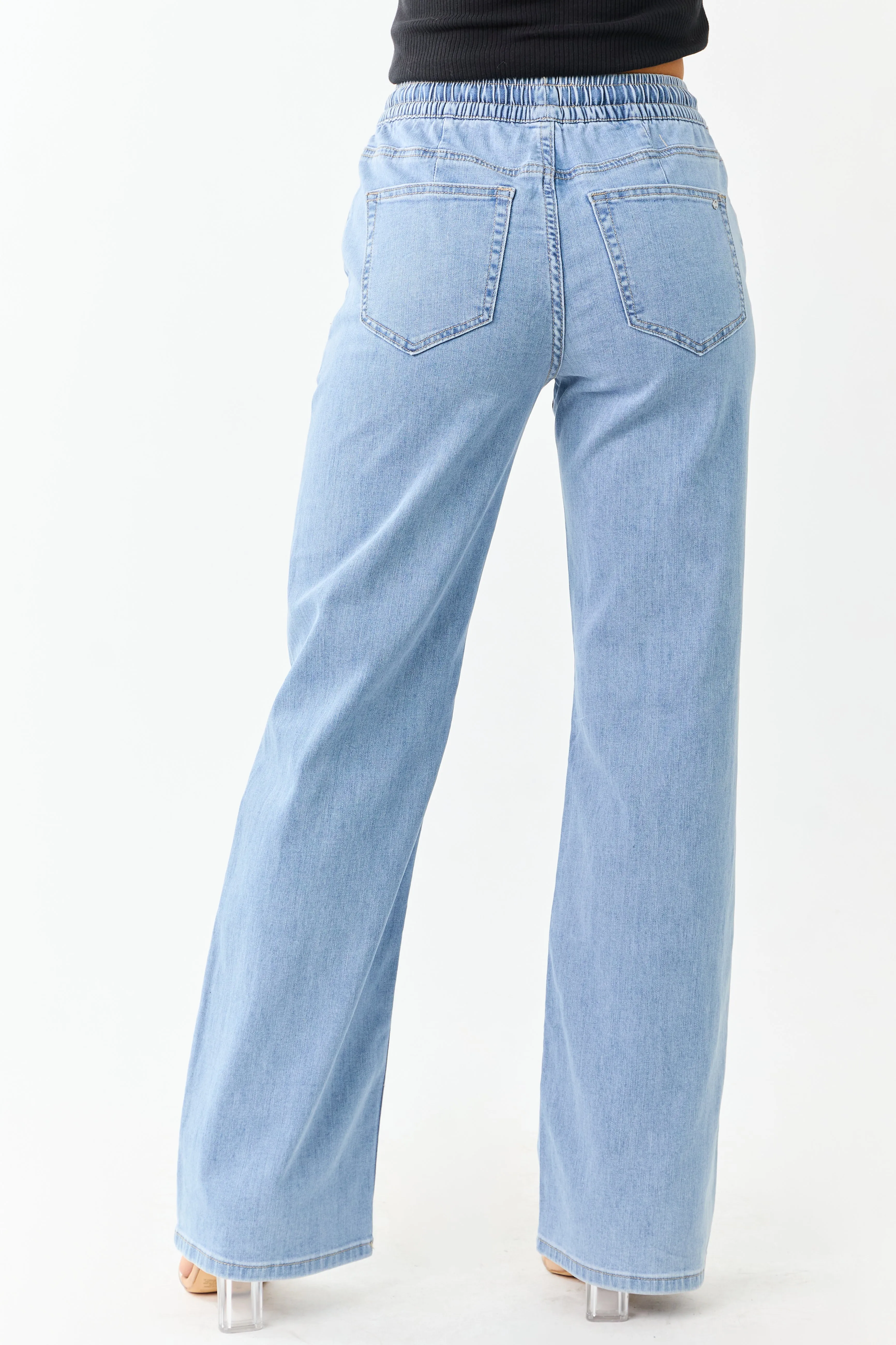 Mica Denim Light Stretchy Smocked Waist Wide Jeans sold by Lime Lush product image thumbnail 4