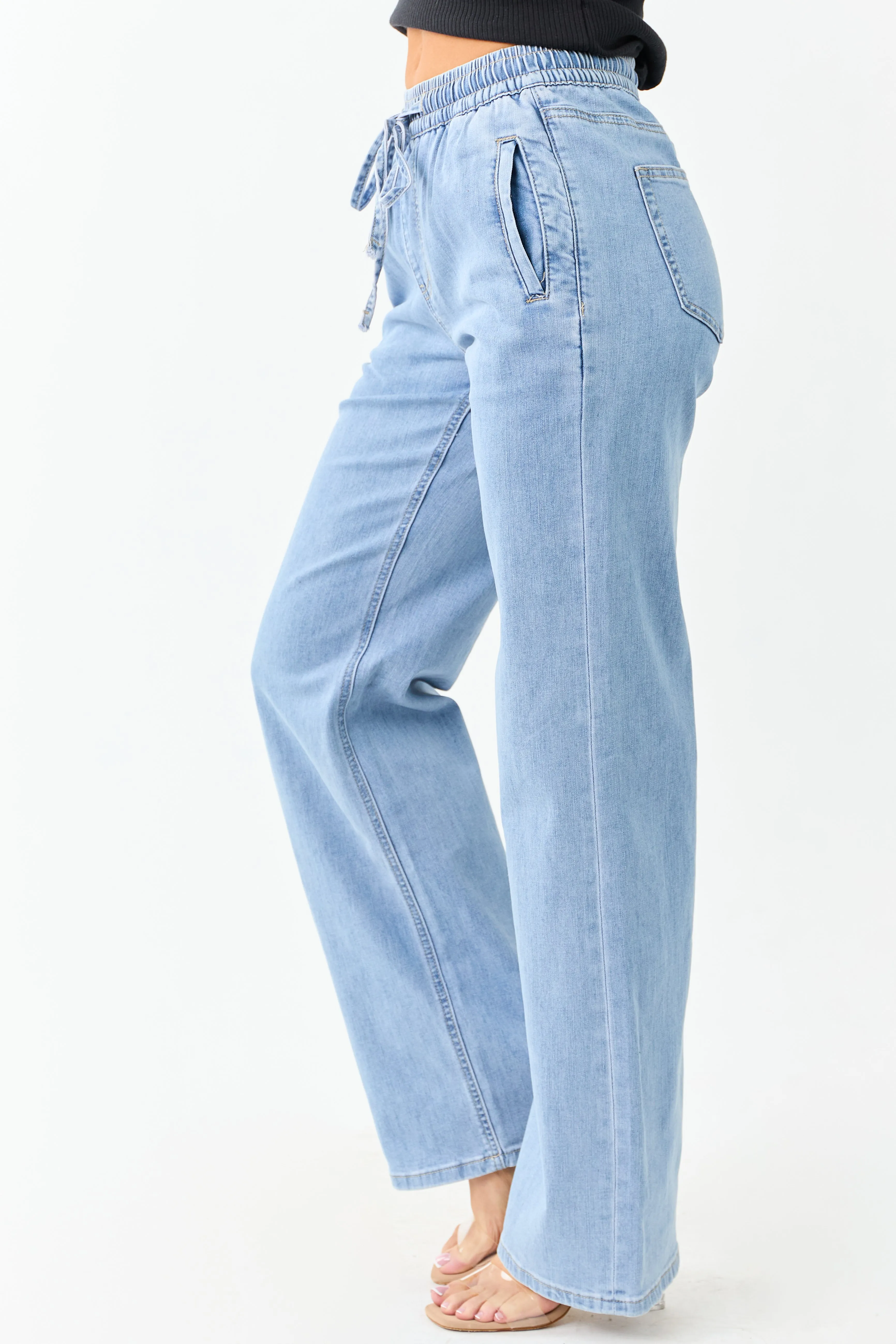 Mica Denim Light Stretchy Smocked Waist Wide Jeans sold by Lime Lush product image thumbnail 3