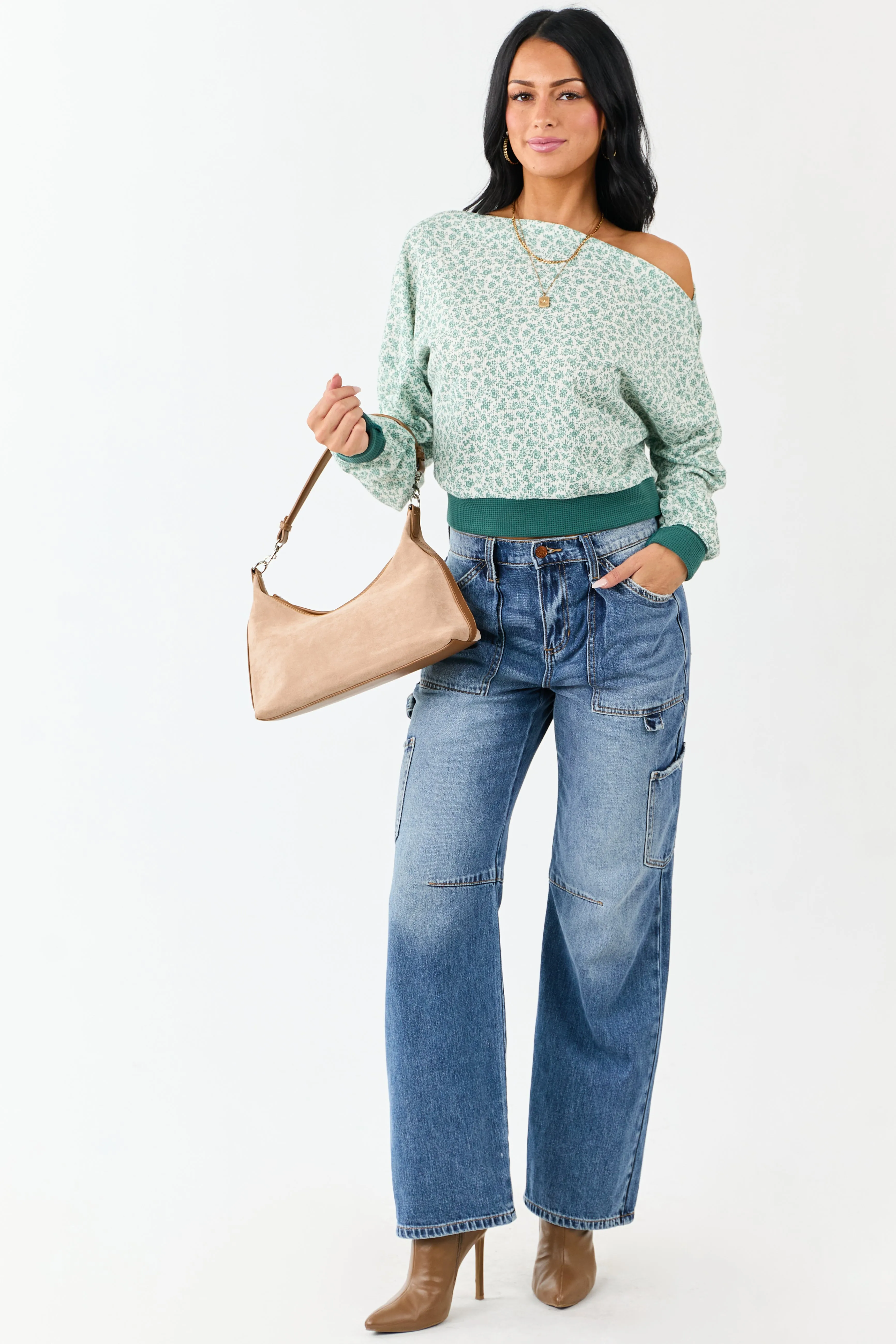 Pine Ditsy Floral One Shoulder Ruched Long Sleeve Top sold by Lime Lush product image thumbnail 4