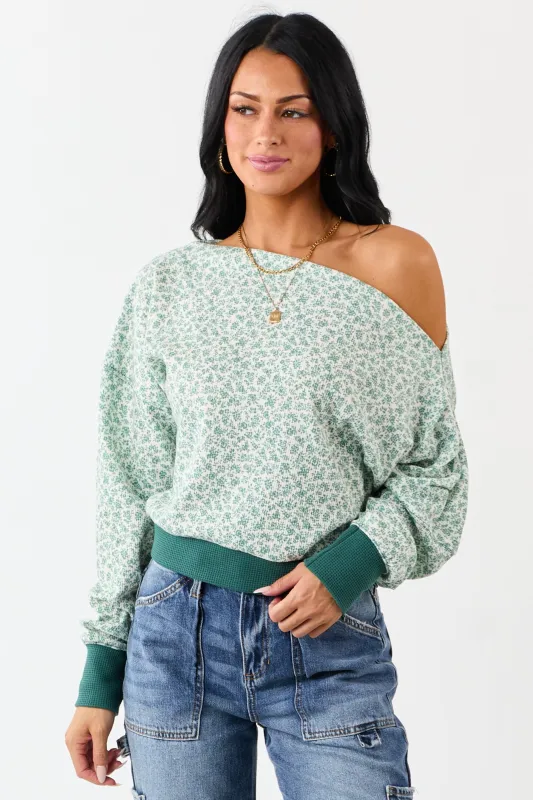 Pine Ditsy Floral One Shoulder Ruched Long Sleeve Top sold by Lime Lush