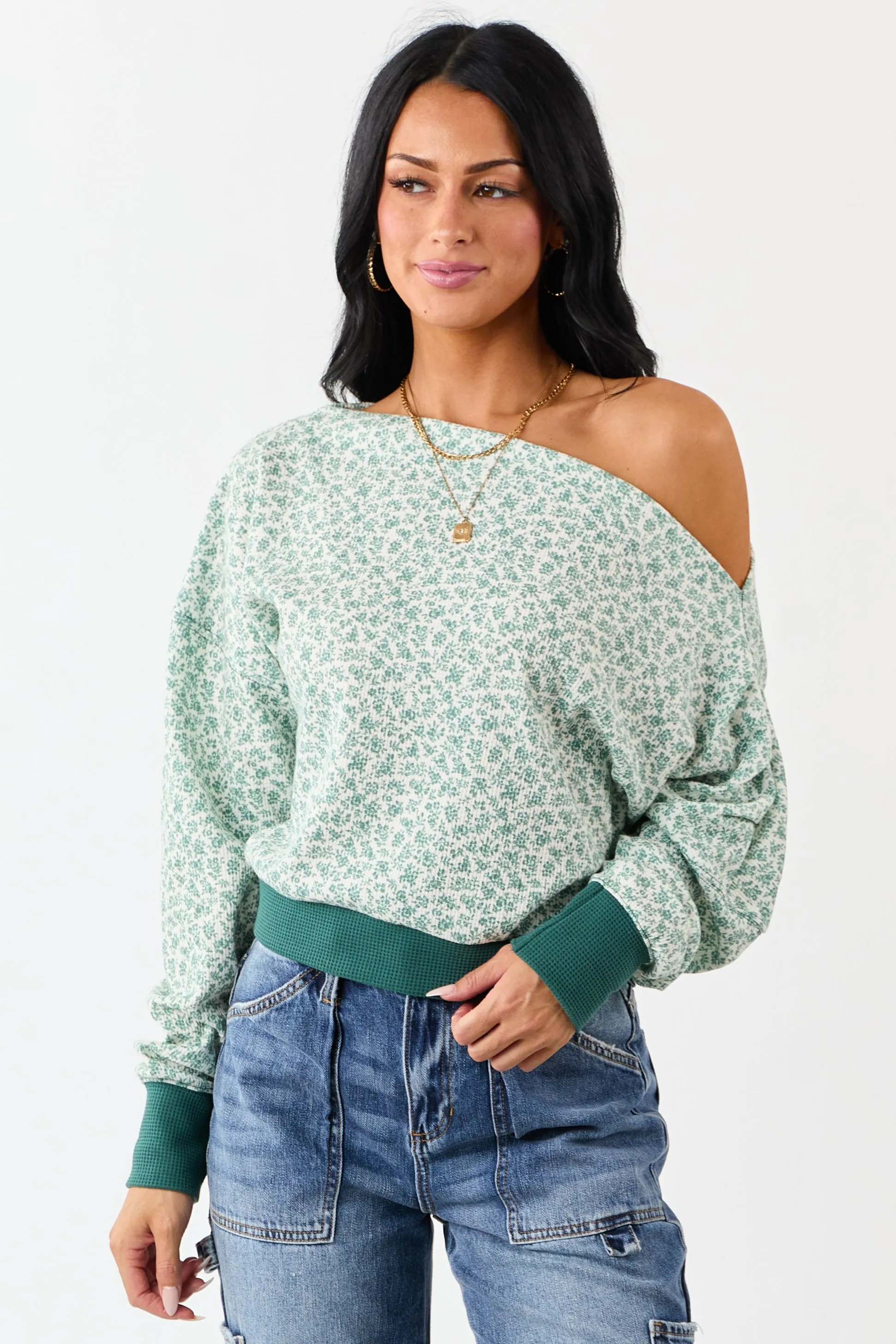 Pine Ditsy Floral One Shoulder Ruched Long Sleeve Top sold by Lime Lush
