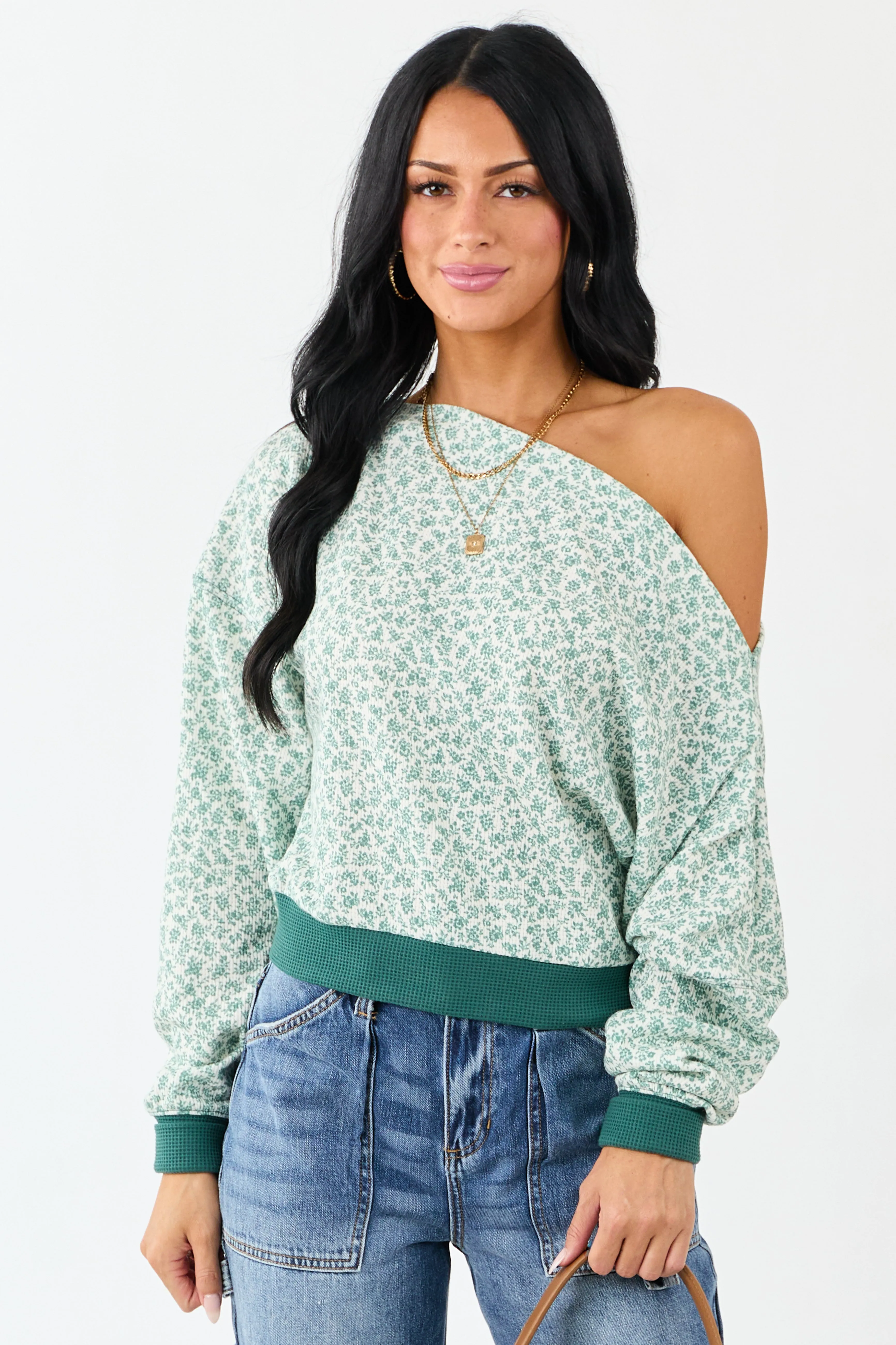 Pine Ditsy Floral One Shoulder Ruched Long Sleeve Top sold by Lime Lush product image thumbnail 3