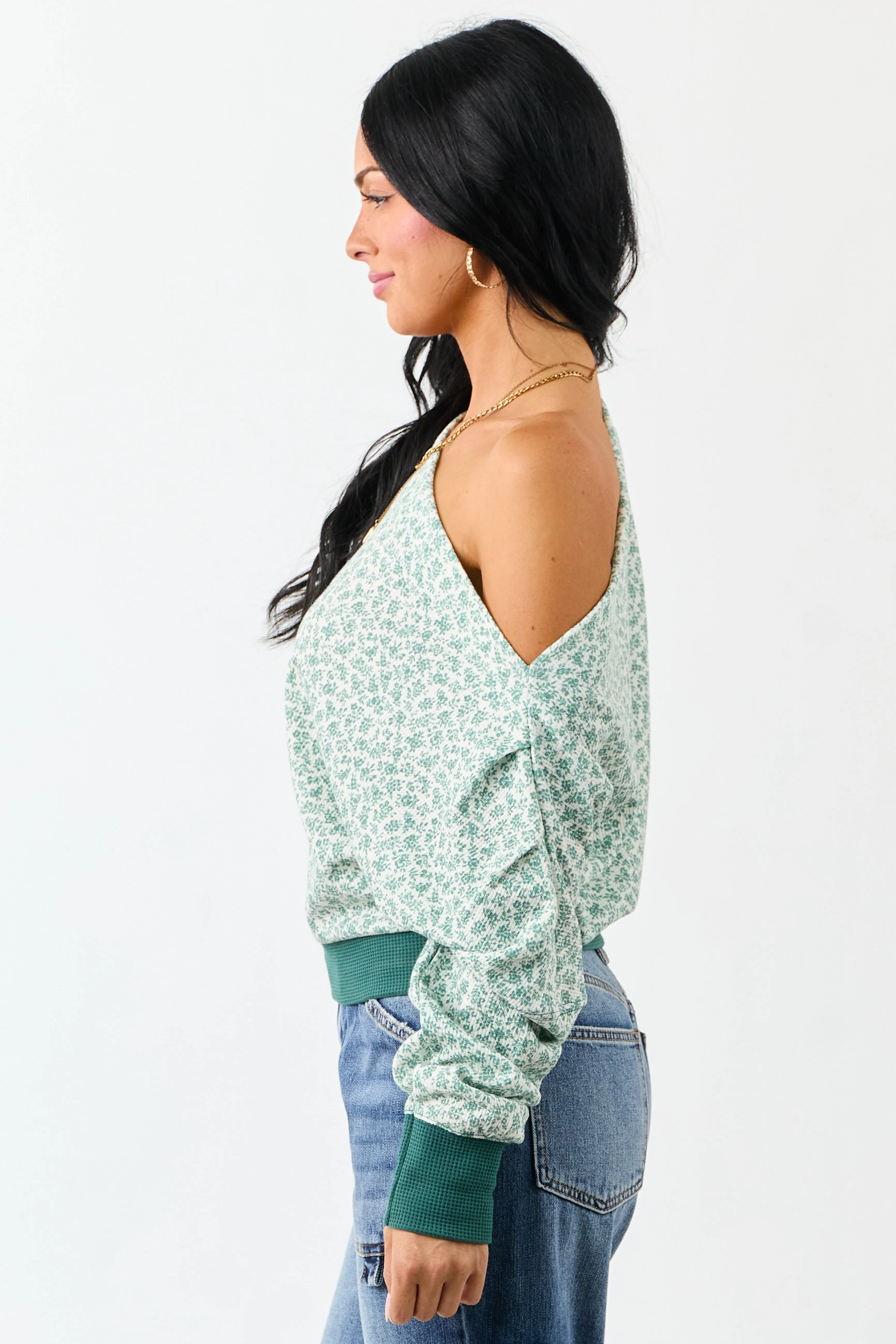 Pine Ditsy Floral One Shoulder Ruched Long Sleeve Top sold by Lime Lush product image thumbnail 5