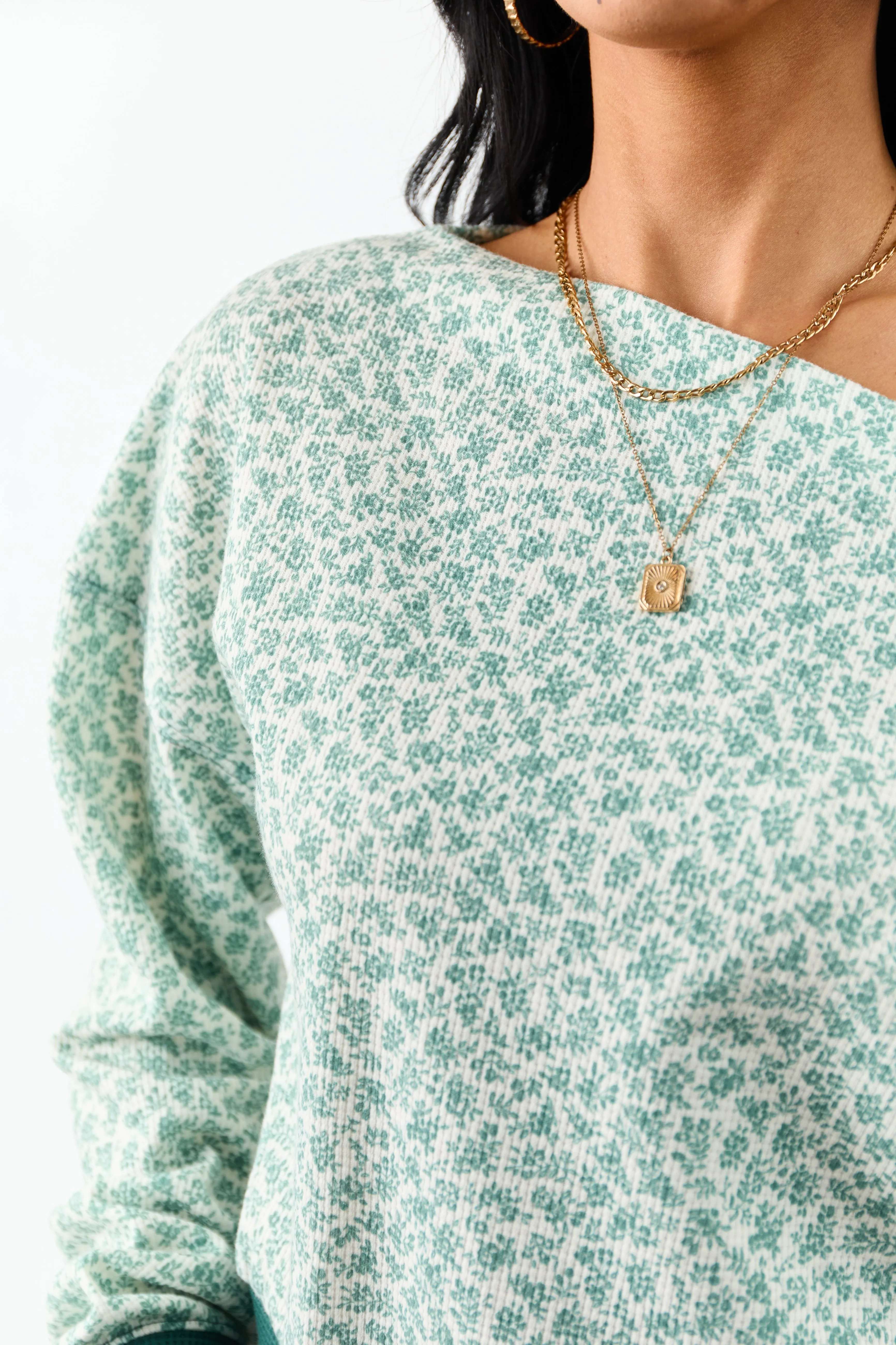 Pine Ditsy Floral One Shoulder Ruched Long Sleeve Top sold by Lime Lush product image thumbnail 2