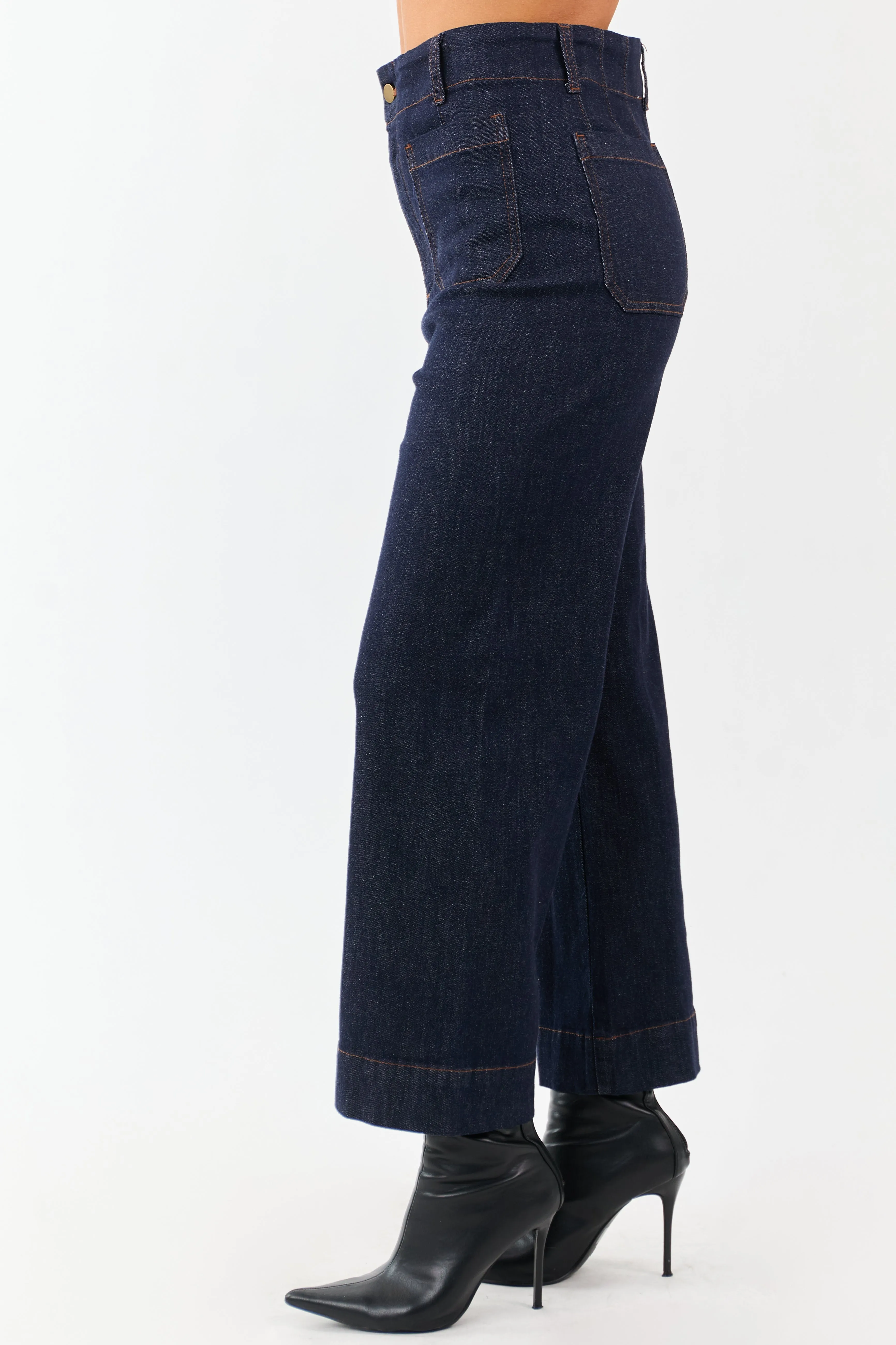 Dark Wash High Rise Patch Pocket Wide Denim Pants sold by Lime Lush product image thumbnail 3