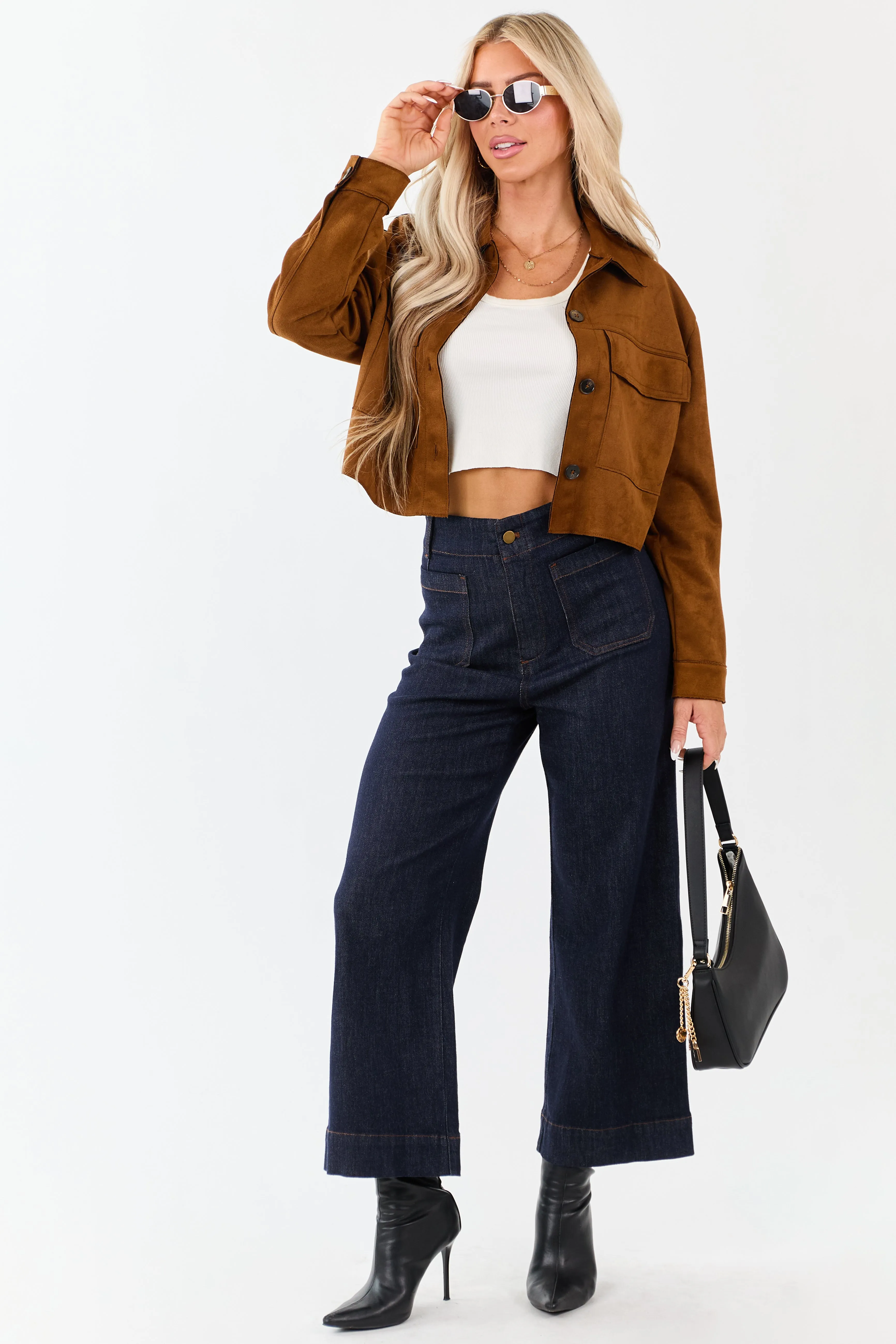 Dark Wash High Rise Patch Pocket Wide Denim Pants sold by Lime Lush product image thumbnail 5