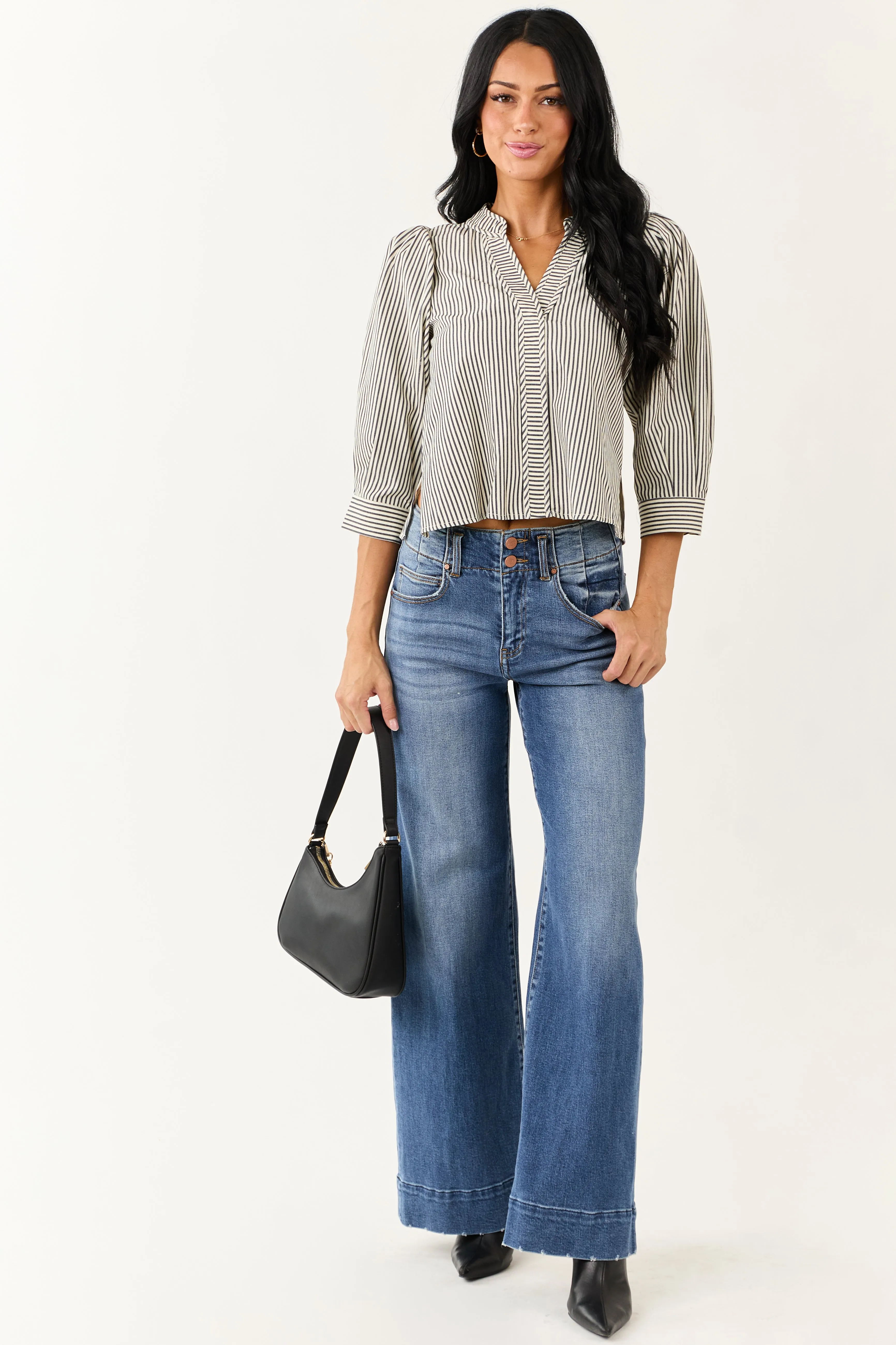 Off White Railroad Stripe V Neck Half Sleeve Top sold by Lime Lush product image thumbnail 3