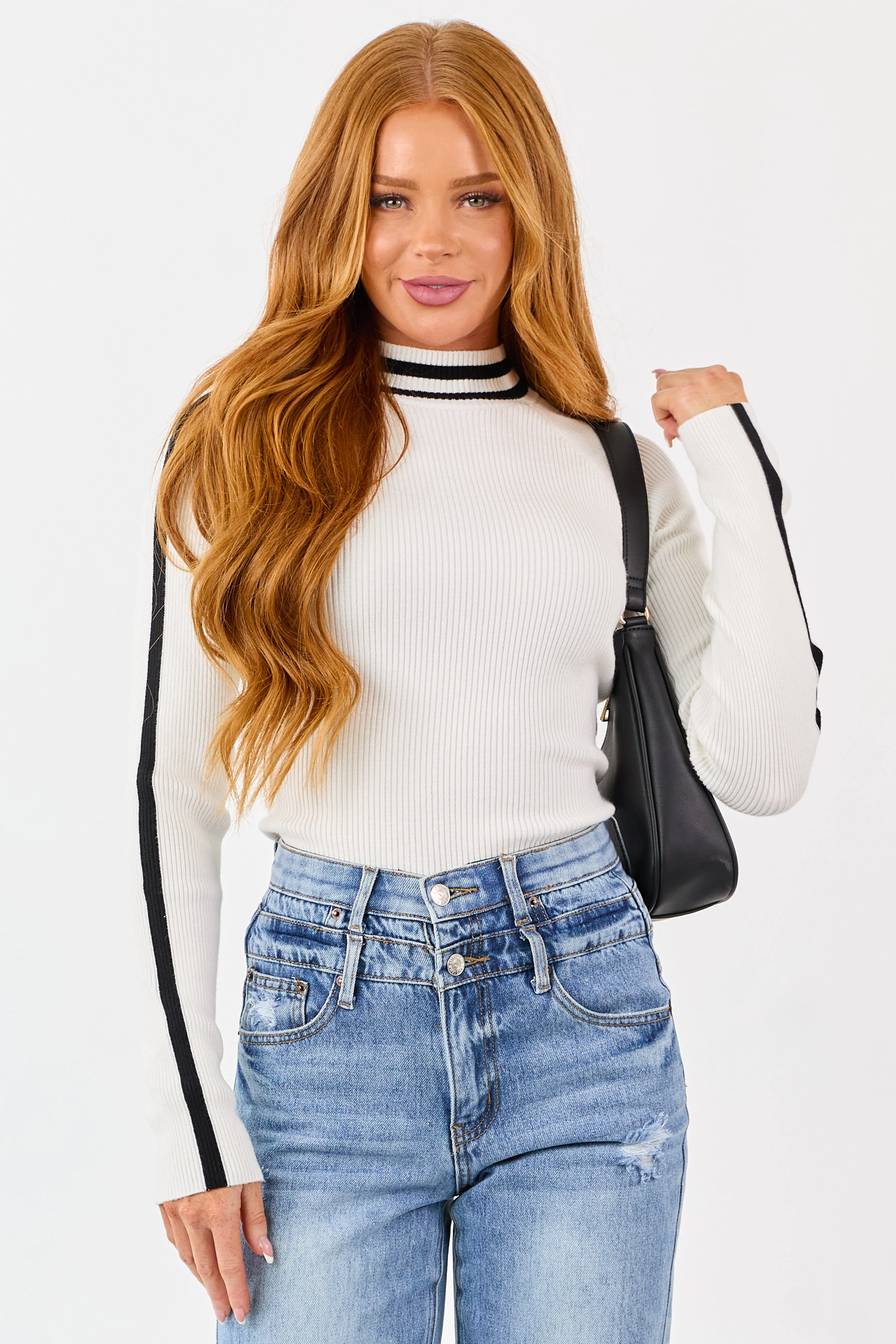 White Mock Neck Ribbed Knit Long Sleeve Bodysuit sold by Lime Lush