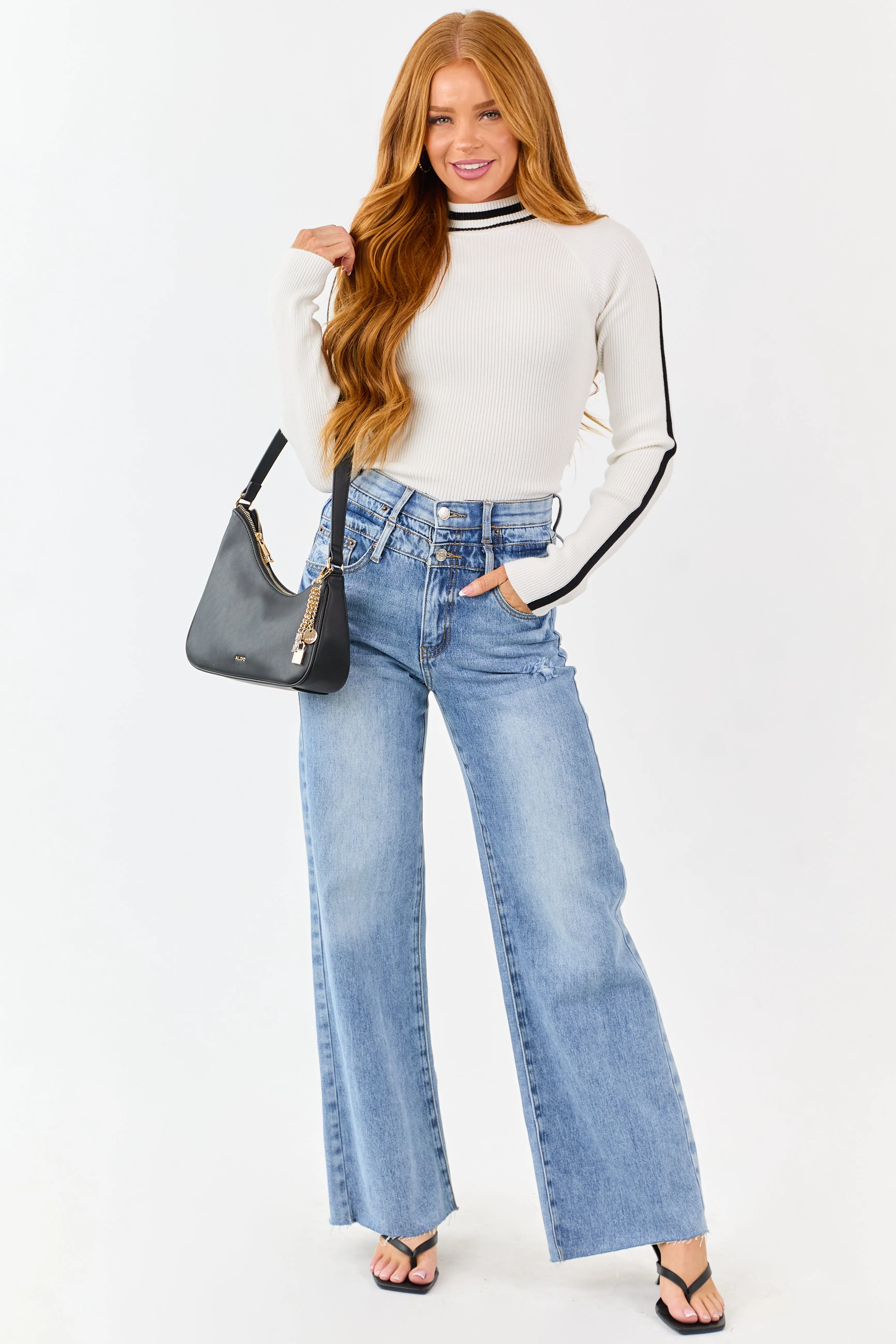 White Mock Neck Ribbed Knit Long Sleeve Bodysuit sold by Lime Lush product image thumbnail 2