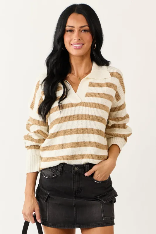 Cream and Sand Striped Collared Sweater sold by Lime Lush
