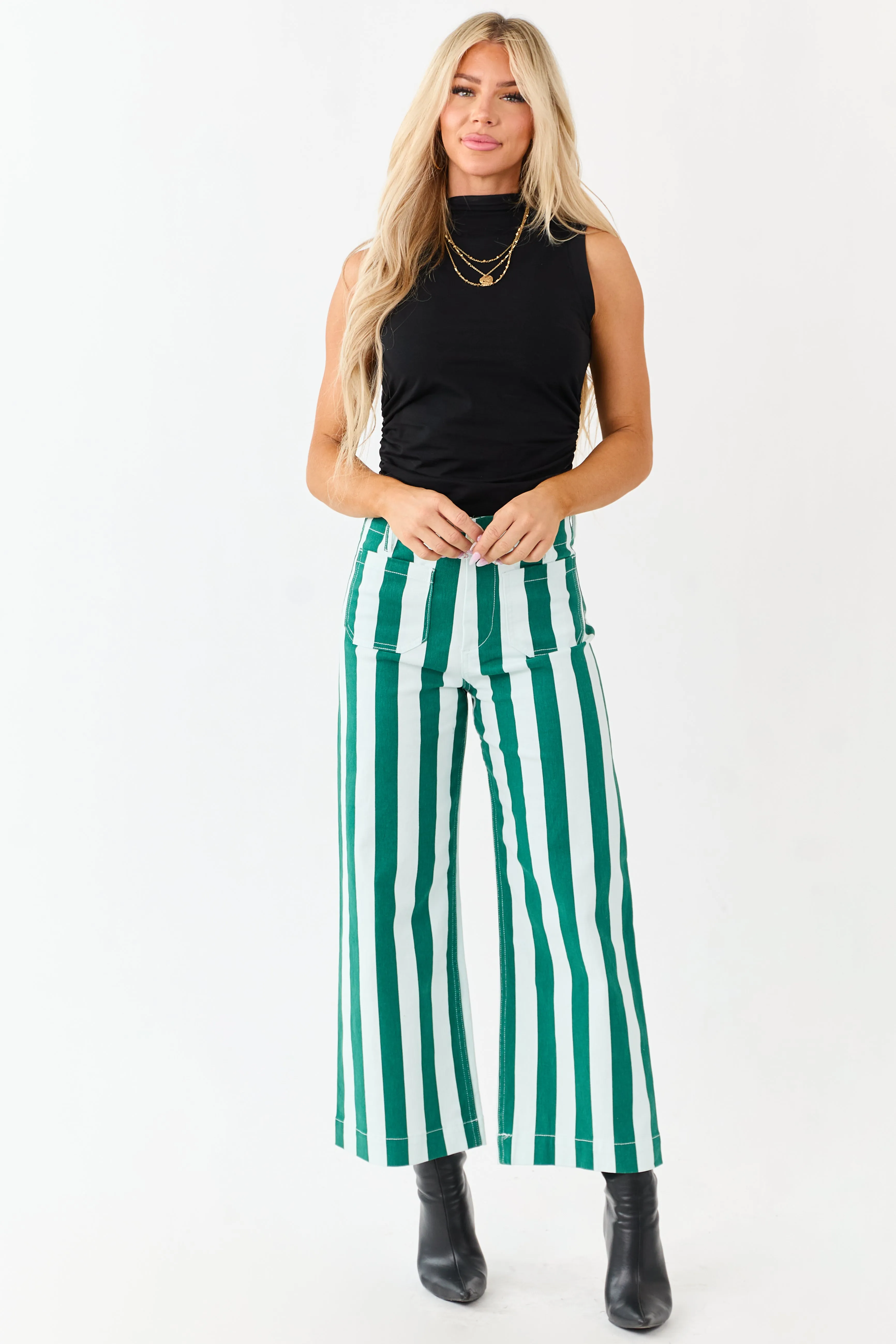 Mica Denim Mint Striped Wide Stretchy Crop Jeans sold by Lime Lush