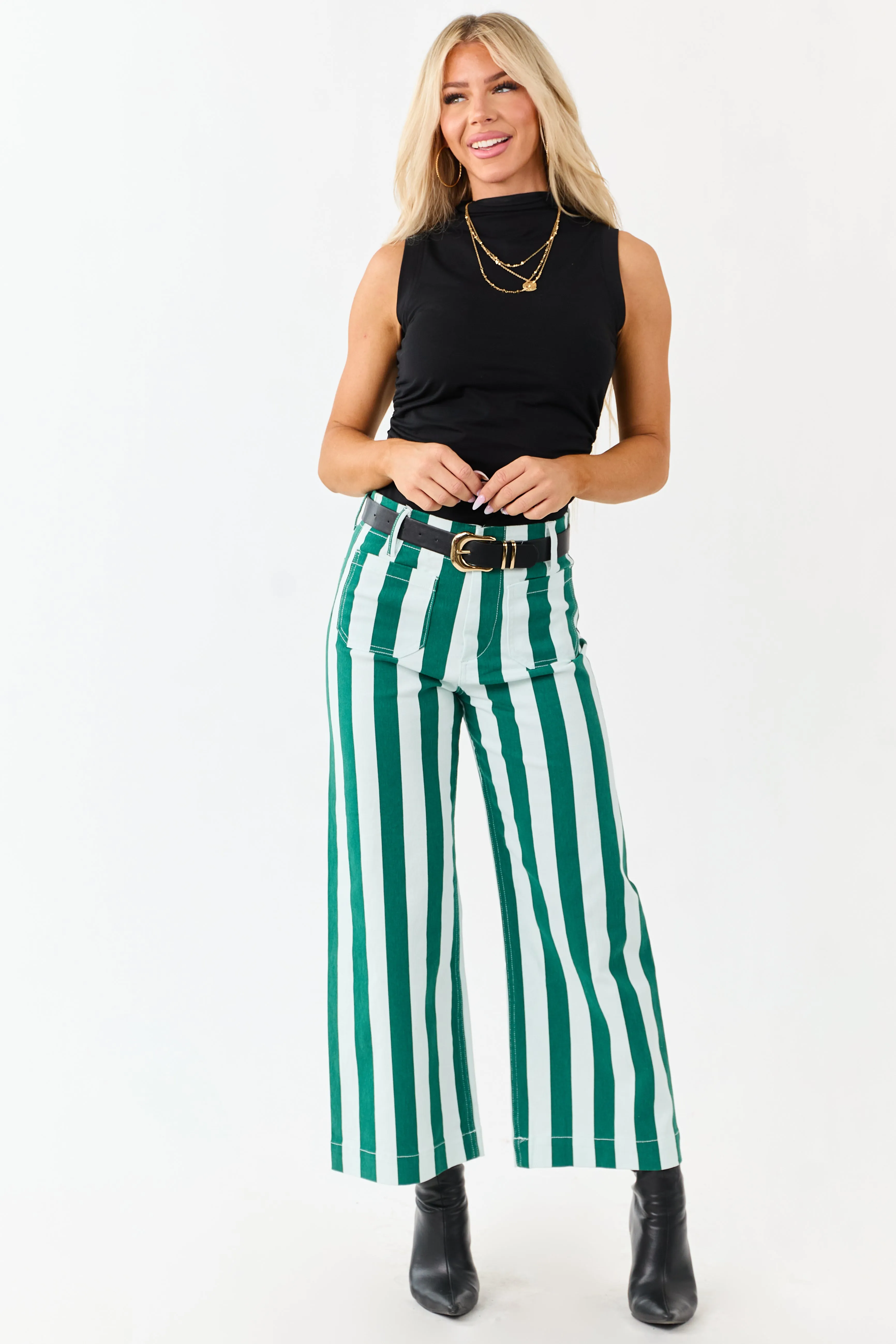 Mica Denim Mint Striped Wide Stretchy Crop Jeans sold by Lime Lush product image thumbnail 5