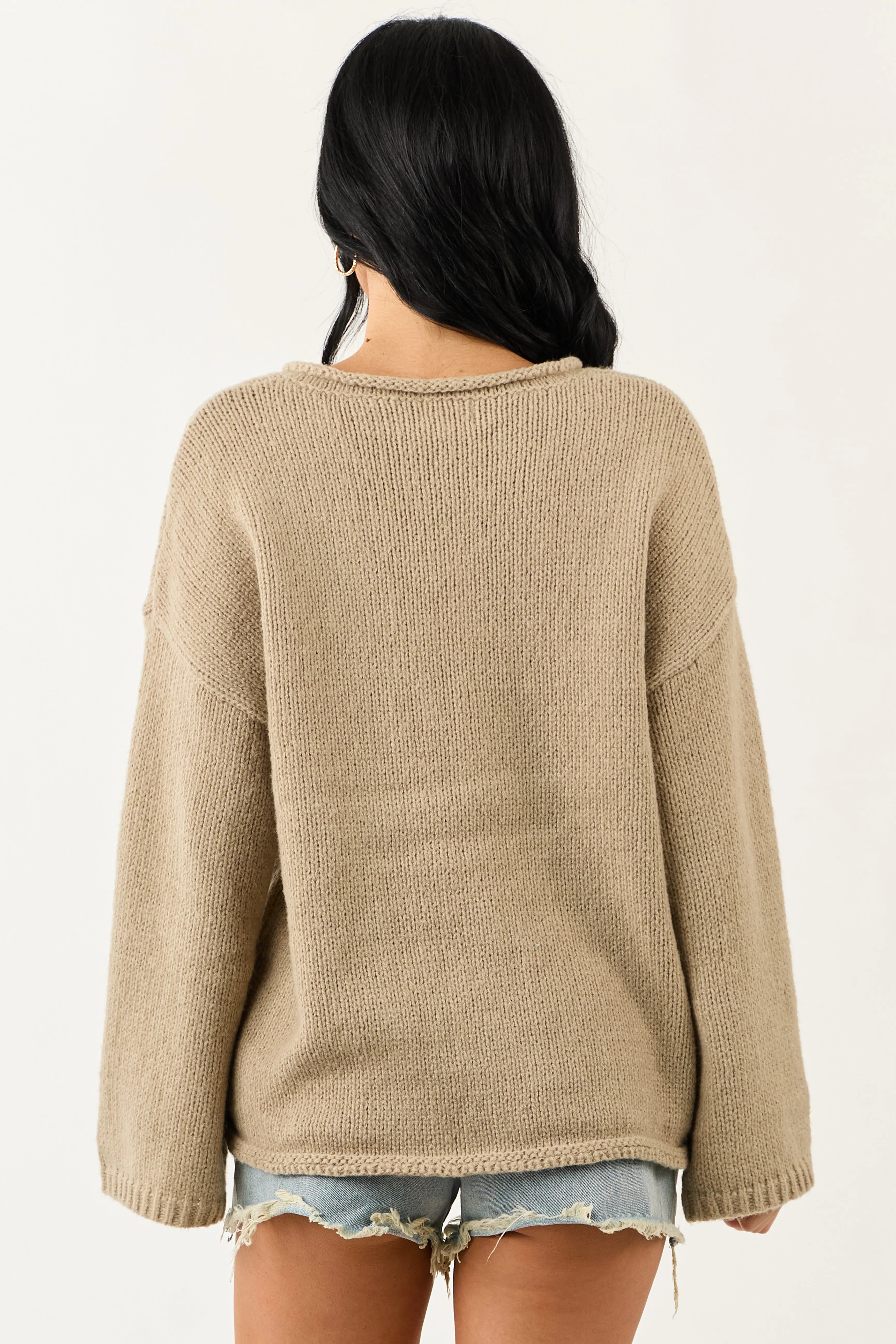 Lovelo Oatmeal V Neck Long Sleeve Chunky Knit Sweater sold by Lime Lush product image thumbnail 5