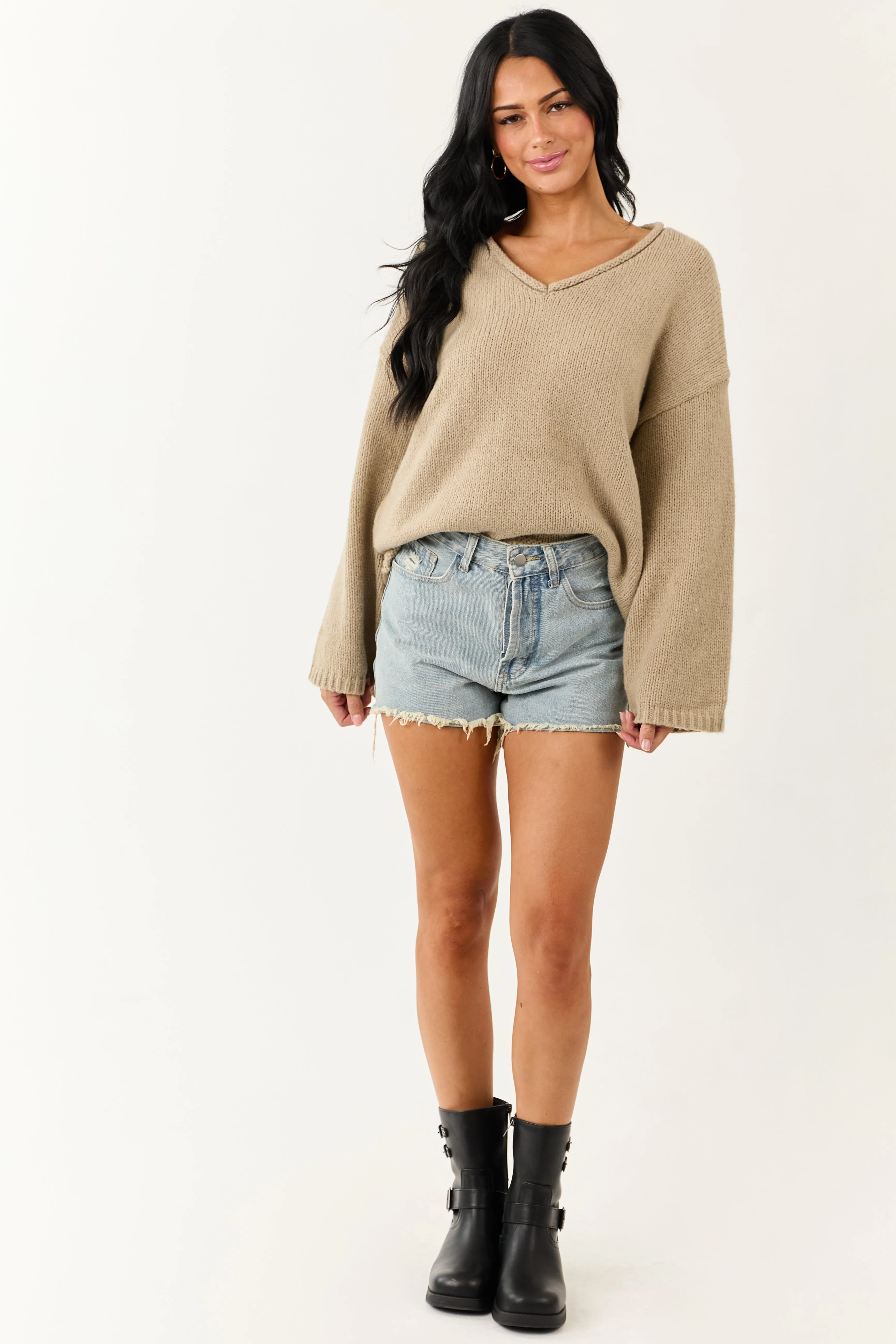 Lovelo Oatmeal V Neck Long Sleeve Chunky Knit Sweater sold by Lime Lush product image thumbnail 3