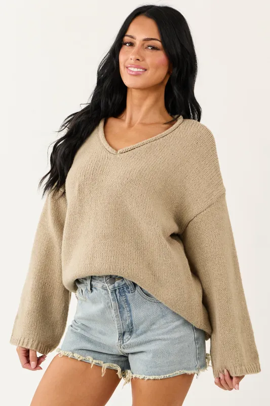 Lovelo Oatmeal V Neck Long Sleeve Chunky Knit Sweater sold by Lime Lush