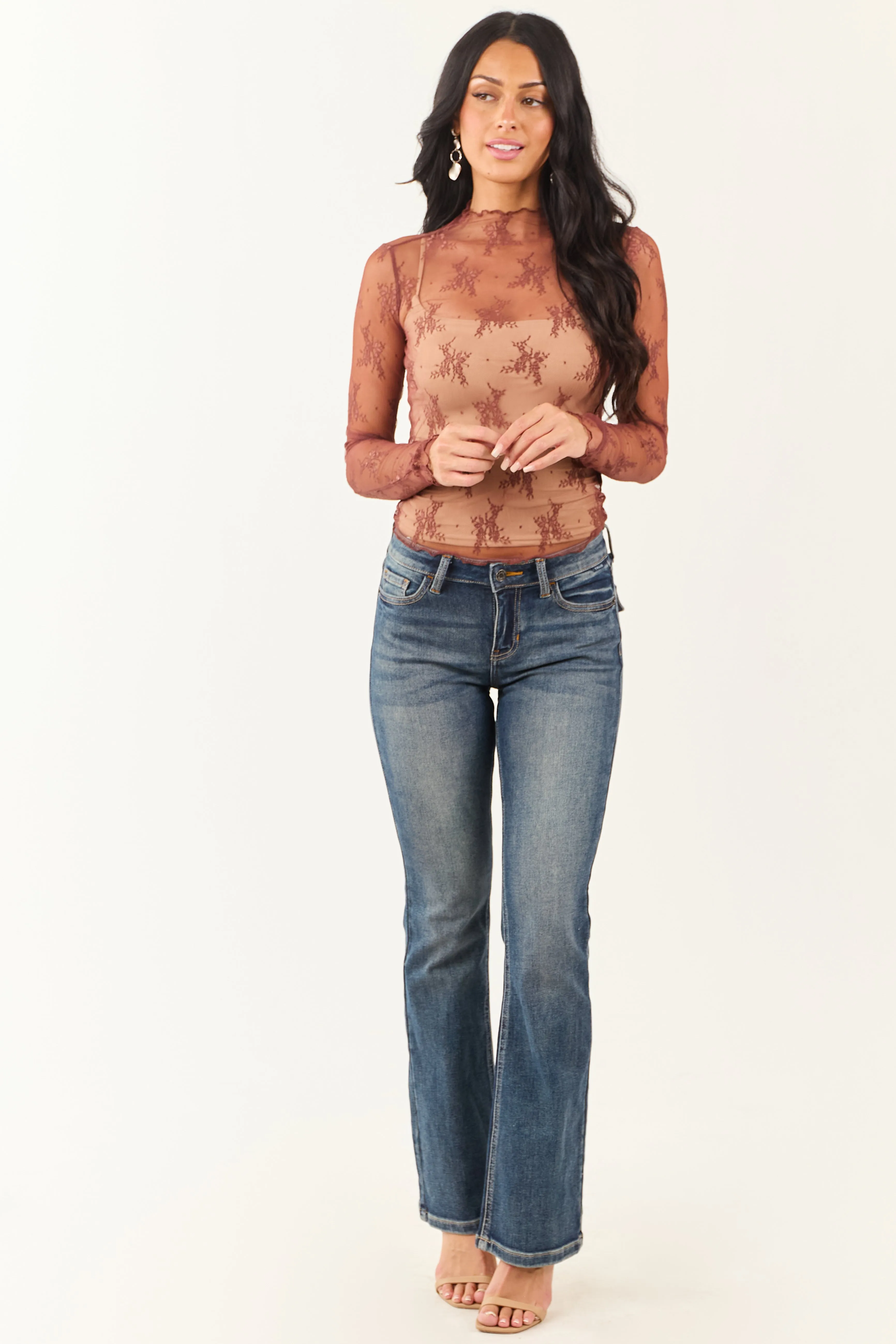 Listicle Marsala Floral Mesh Lace Long Sleeve Top sold by Lime Lush product image thumbnail 3