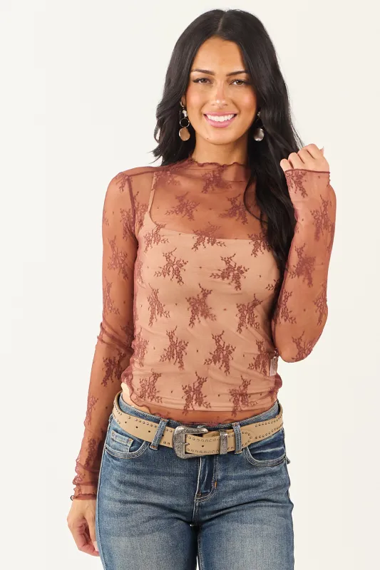 Listicle Marsala Floral Mesh Lace Long Sleeve Top sold by Lime Lush