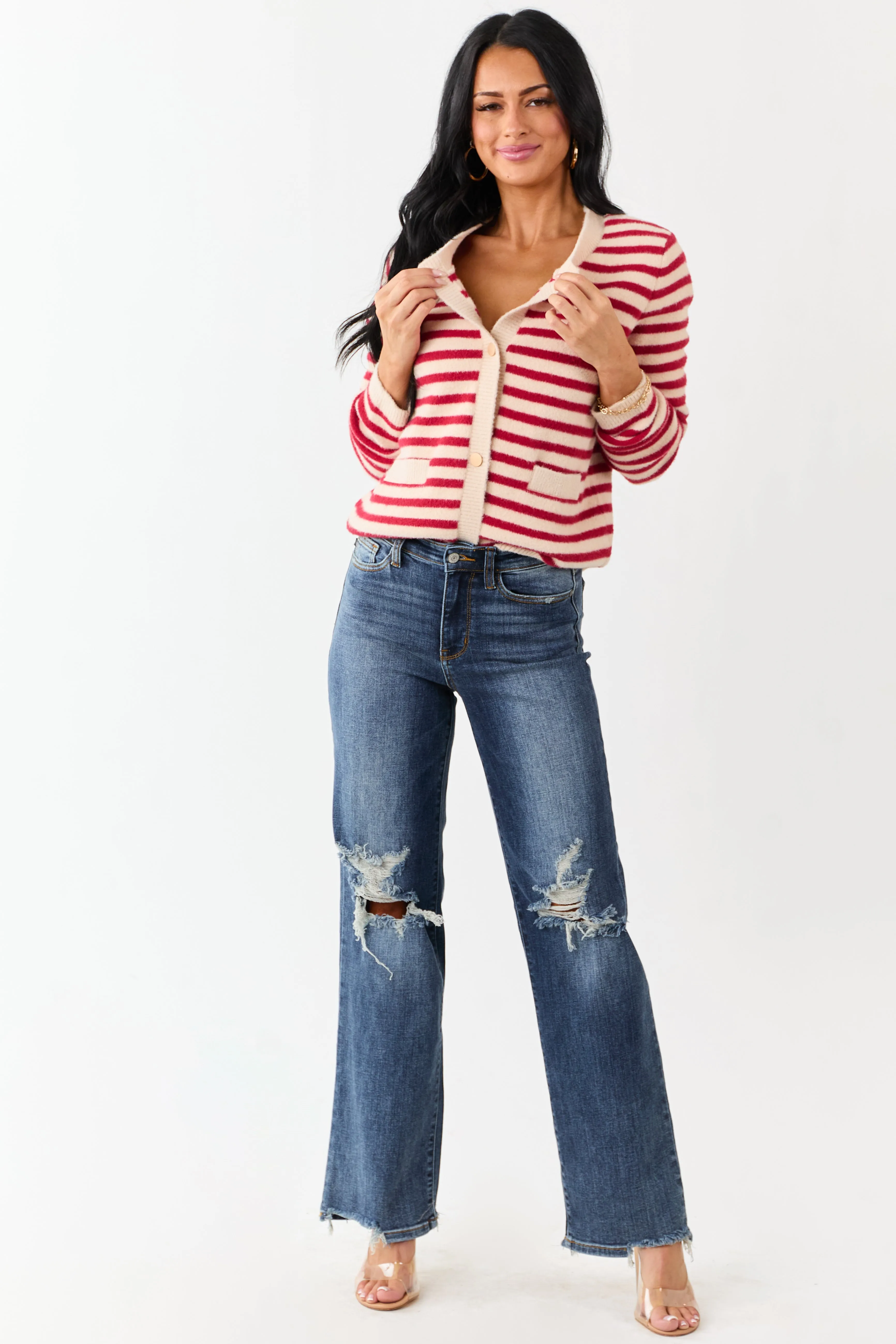 Cranberry and Champagne Striped Button Up Cardigan sold by Lime Lush product image thumbnail 2