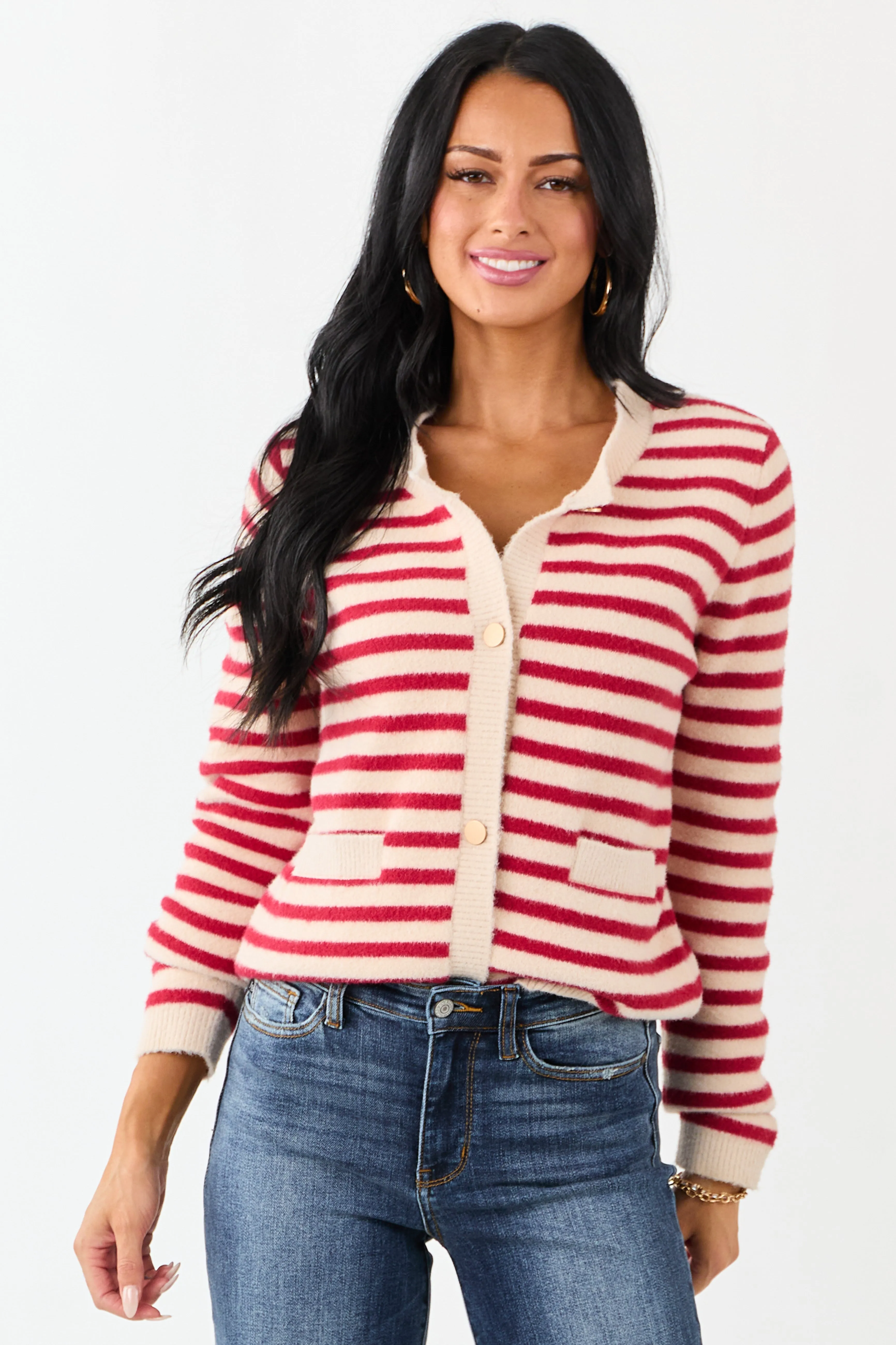 Cranberry and Champagne Striped Button Up Cardigan sold by Lime Lush