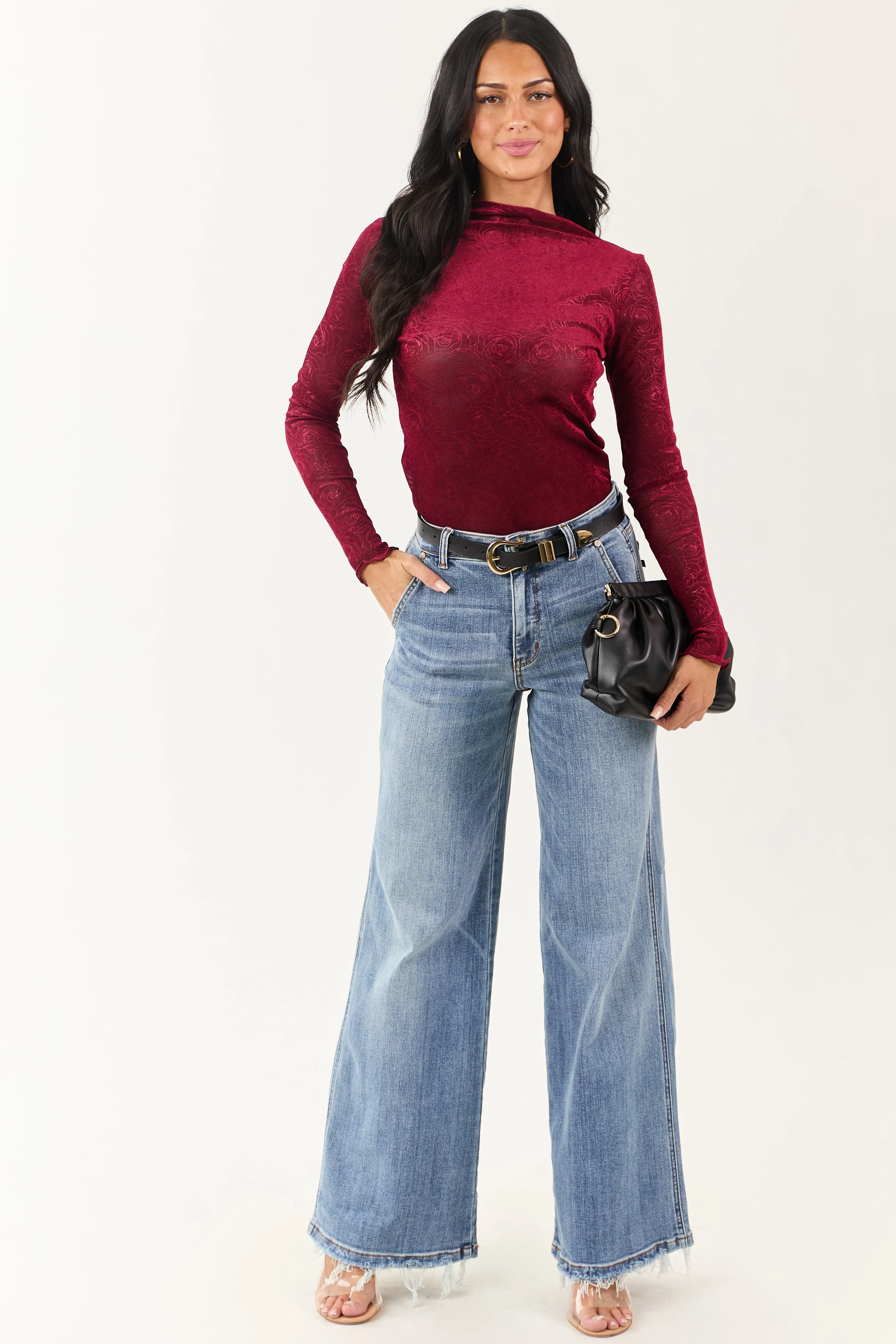 Sangria Rose Velvet Textured Mesh Long Sleeve Top sold by Lime Lush product image thumbnail 2