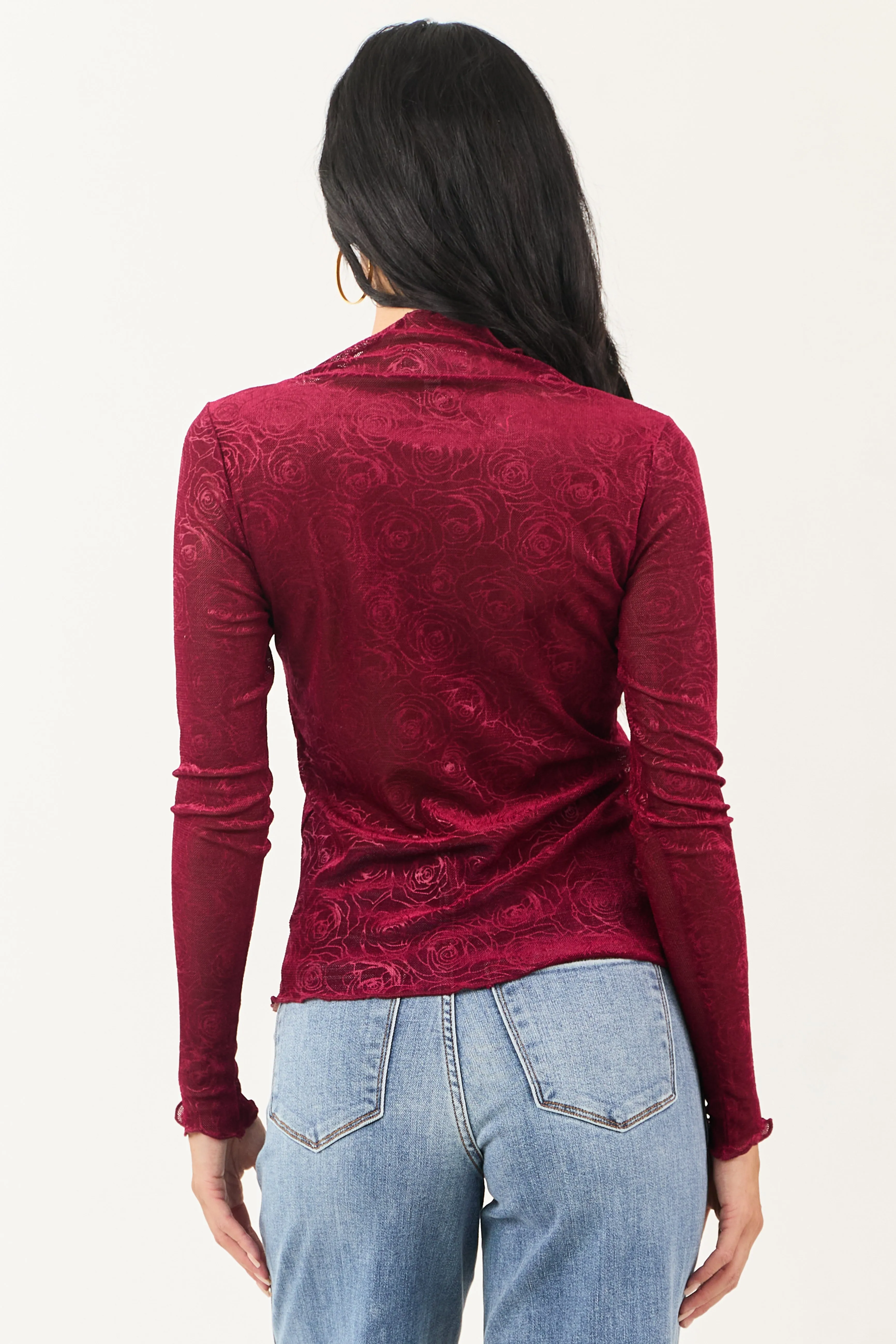Sangria Rose Velvet Textured Mesh Long Sleeve Top sold by Lime Lush product image thumbnail 5