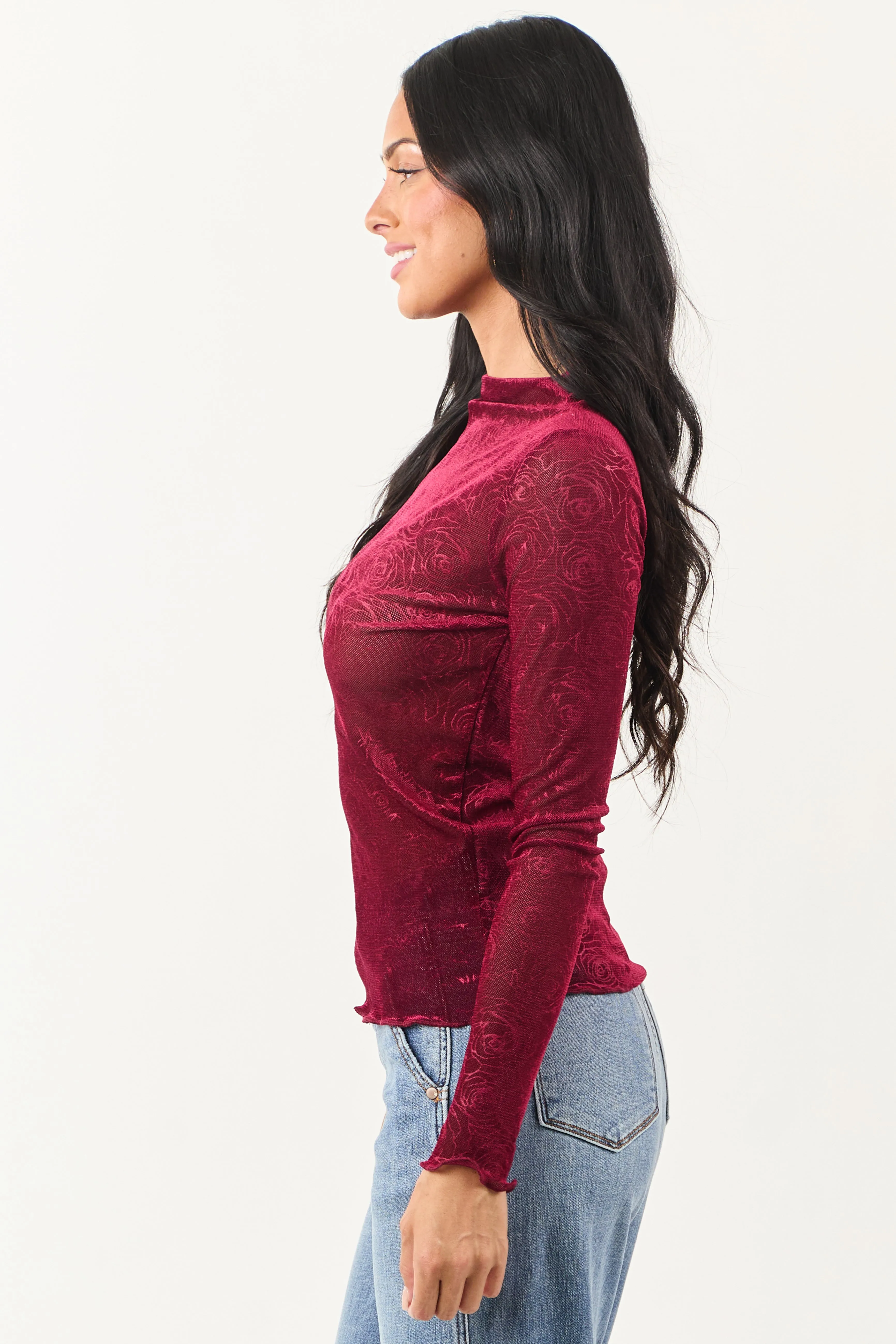 Sangria Rose Velvet Textured Mesh Long Sleeve Top sold by Lime Lush product image thumbnail 4