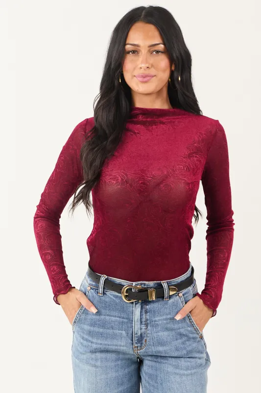 Sangria Rose Velvet Textured Mesh Long Sleeve Top sold by Lime Lush