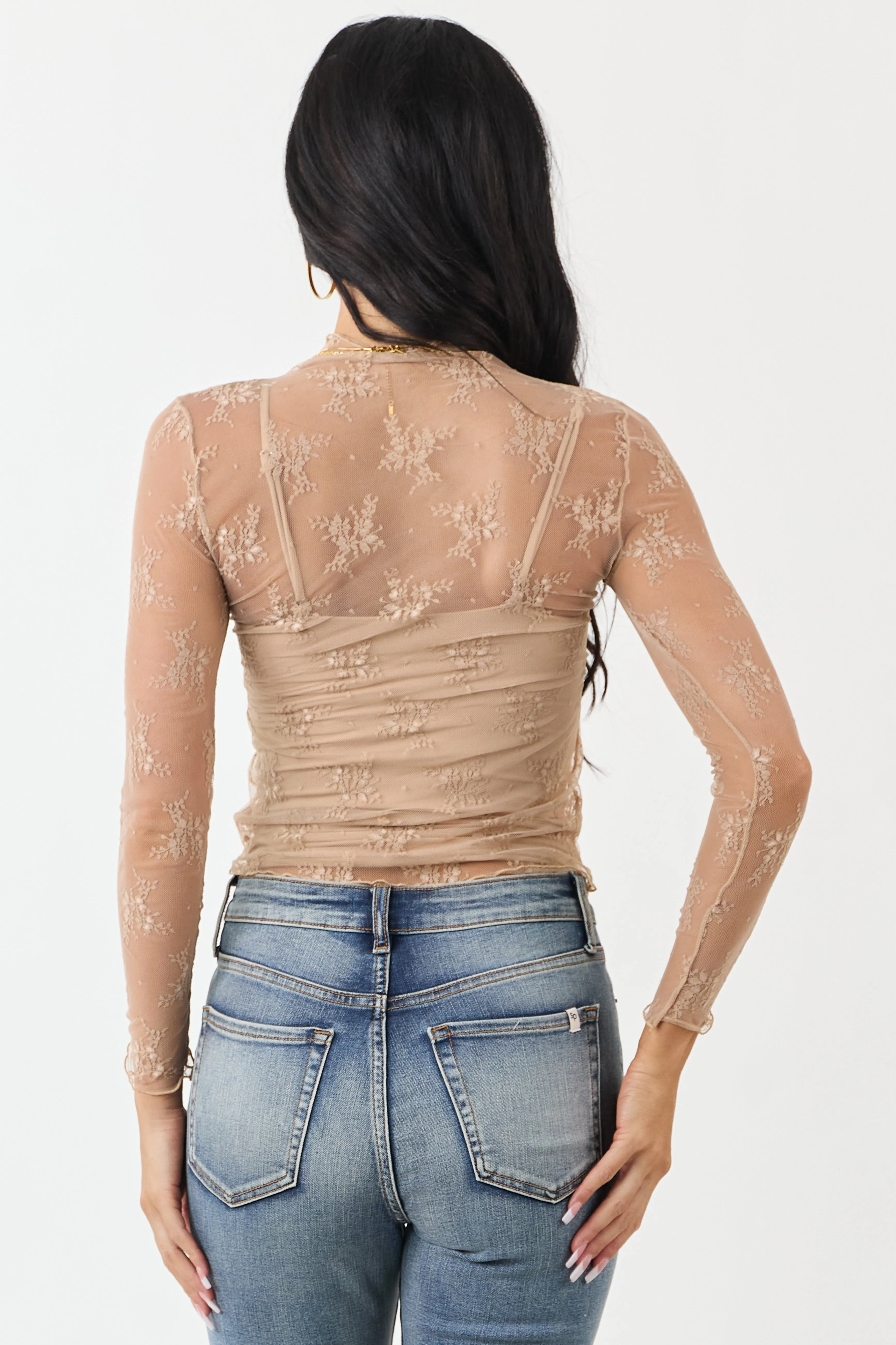 Beige Floral Lace Mesh Long Sleeve Top sold by Lime Lush product image thumbnail 5