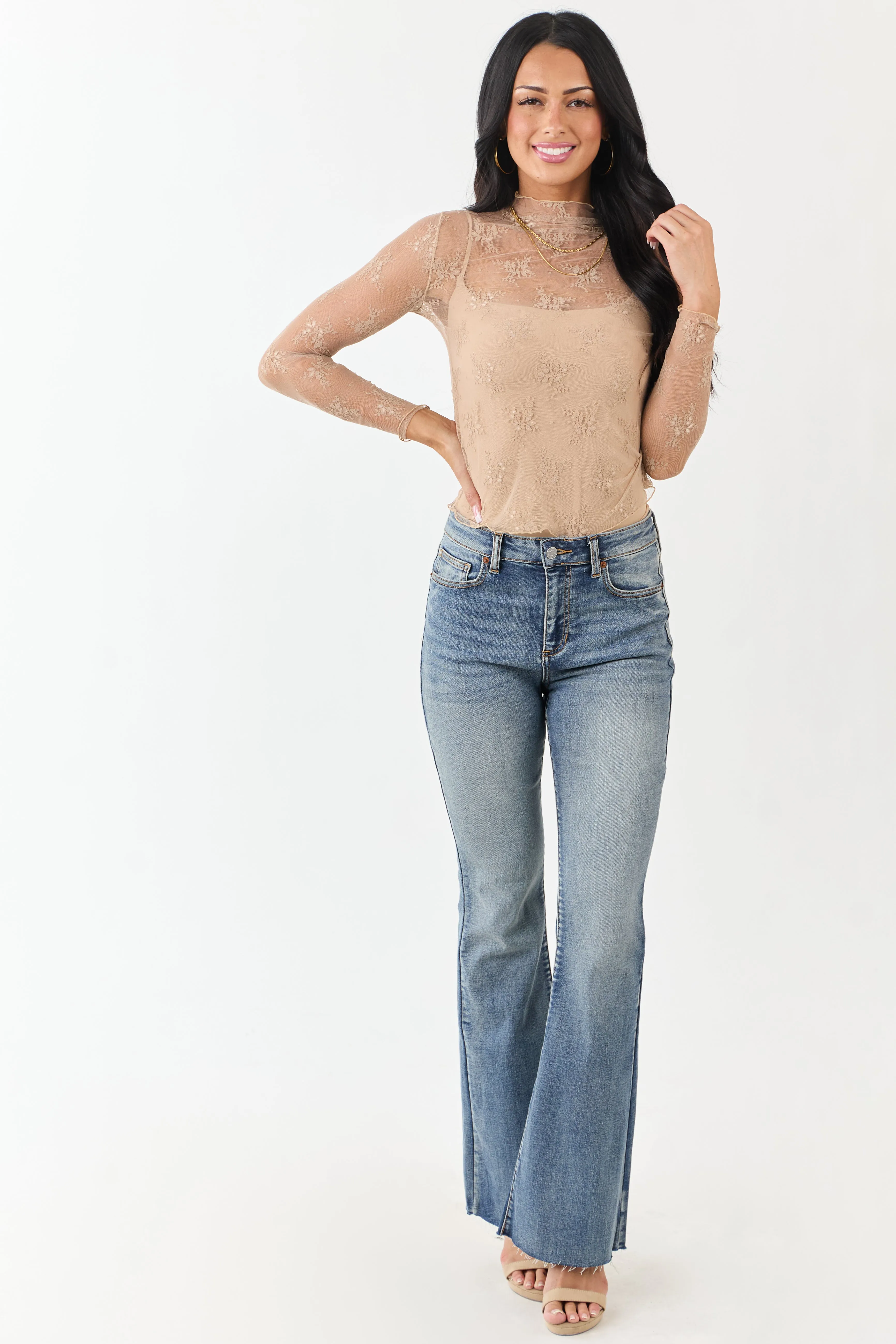 Beige Floral Lace Mesh Long Sleeve Top sold by Lime Lush product image thumbnail 3